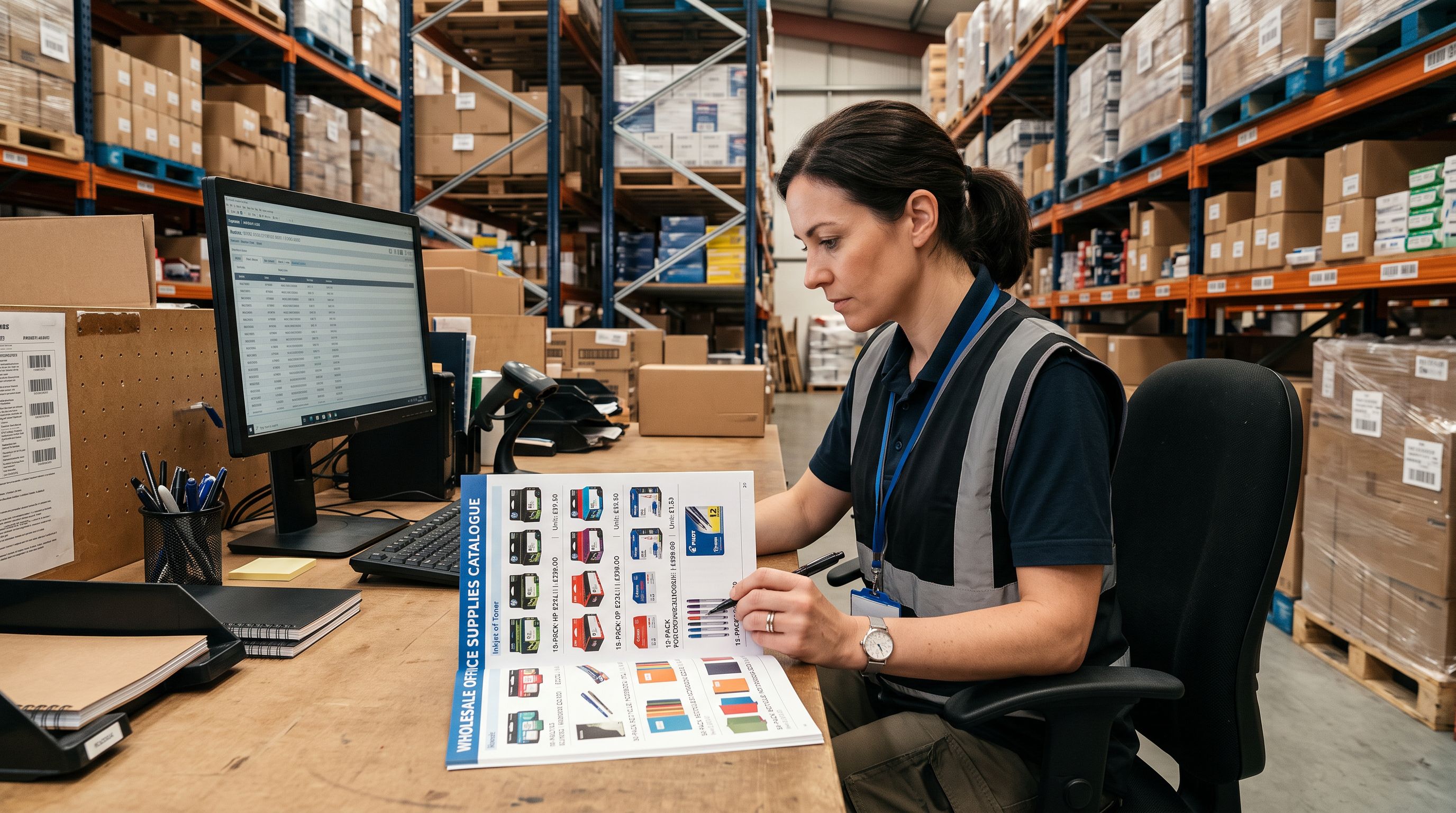 Wholesale office supply warehouse worker at a workstation reviewing a printed product catalogue showing printer cartridges and stationery items organised in quantity pack rows