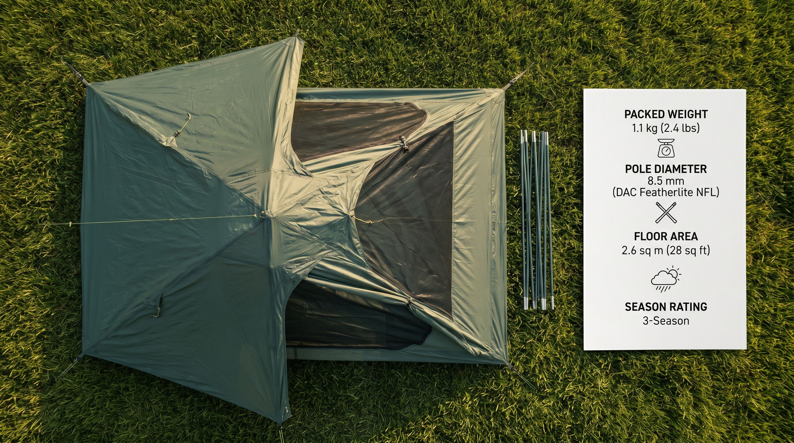 Lightweight backpacking tent laid flat on grass next to a printed specification sheet showing packed weight and floor area.