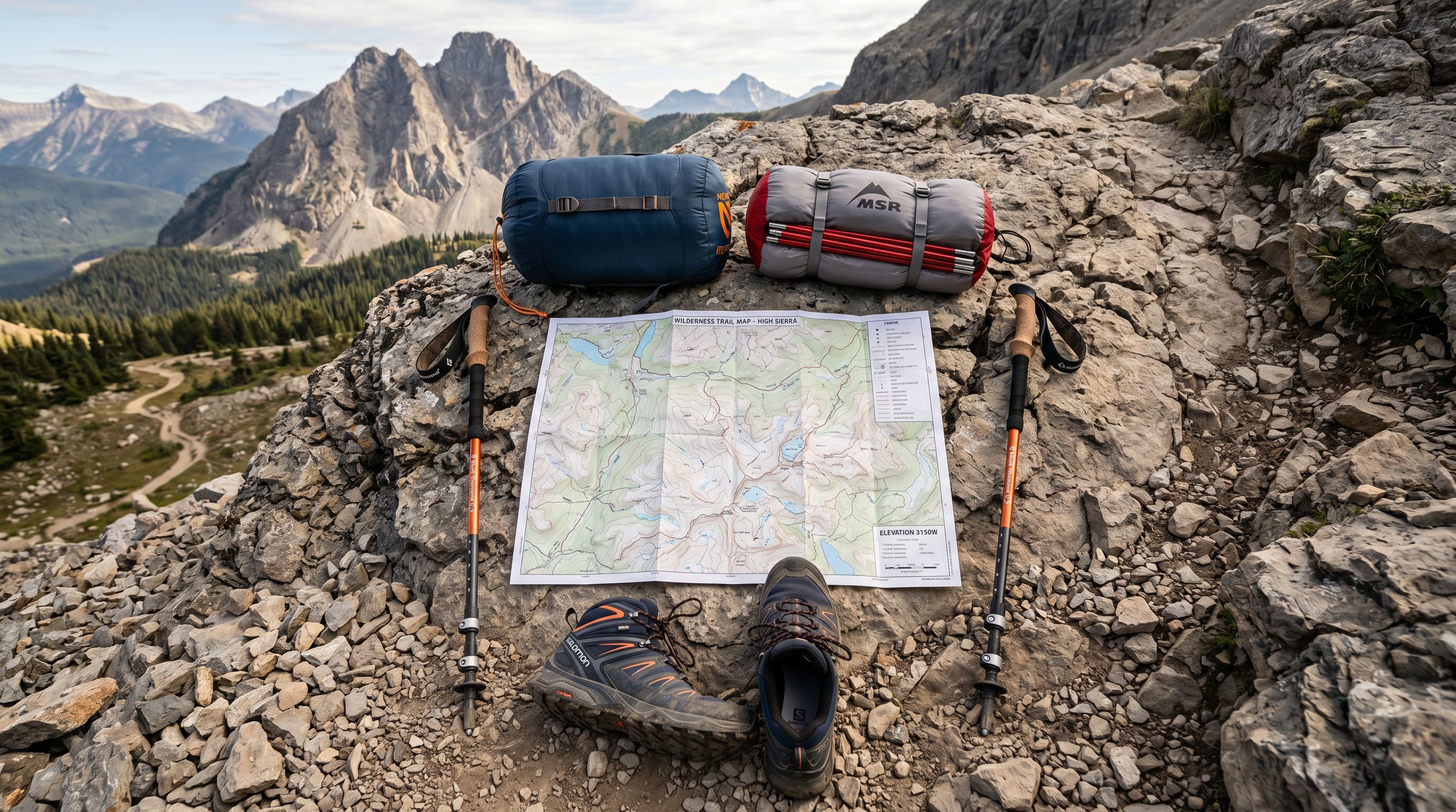 Outdoor camping gear laid out on a rocky ground including a packed tent, sleeping bag, hiking boots, and trekking poles ready for a trail.