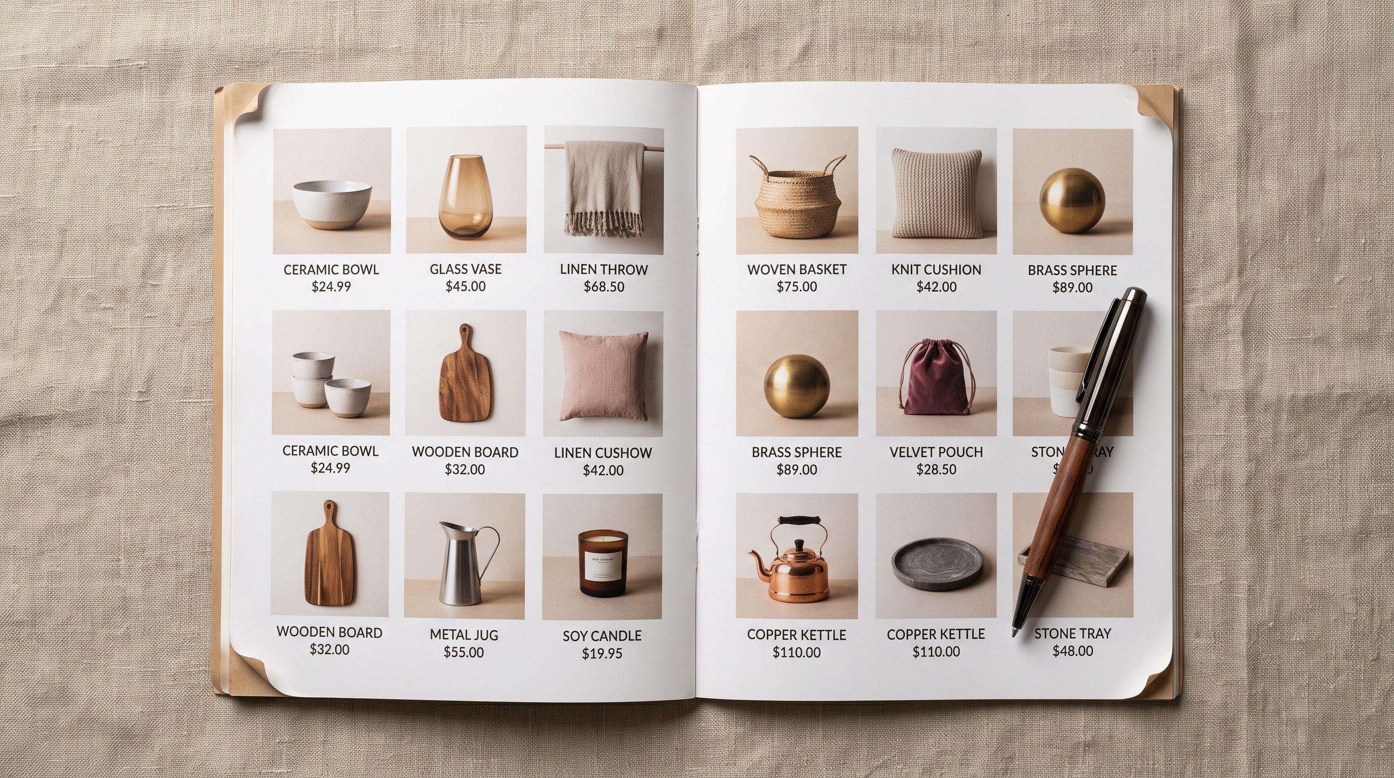 Open wholesale product catalogue booklet lying flat on linen surface showing a grid layout of product photographs with printed names and prices on each page