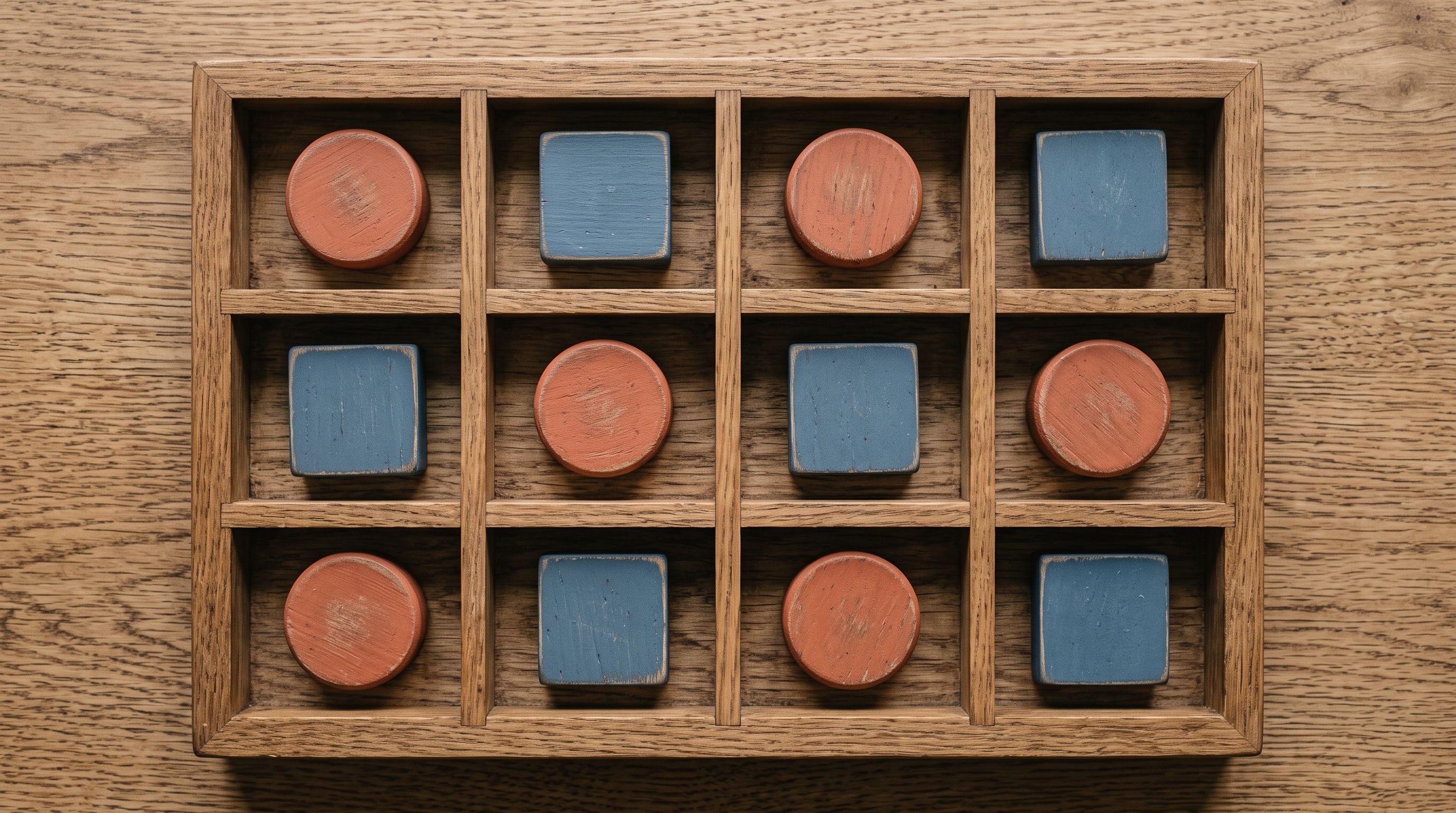 Wooden tokens in a sorting tray arranged in a matrix of shapes and colours representing variant grouping.