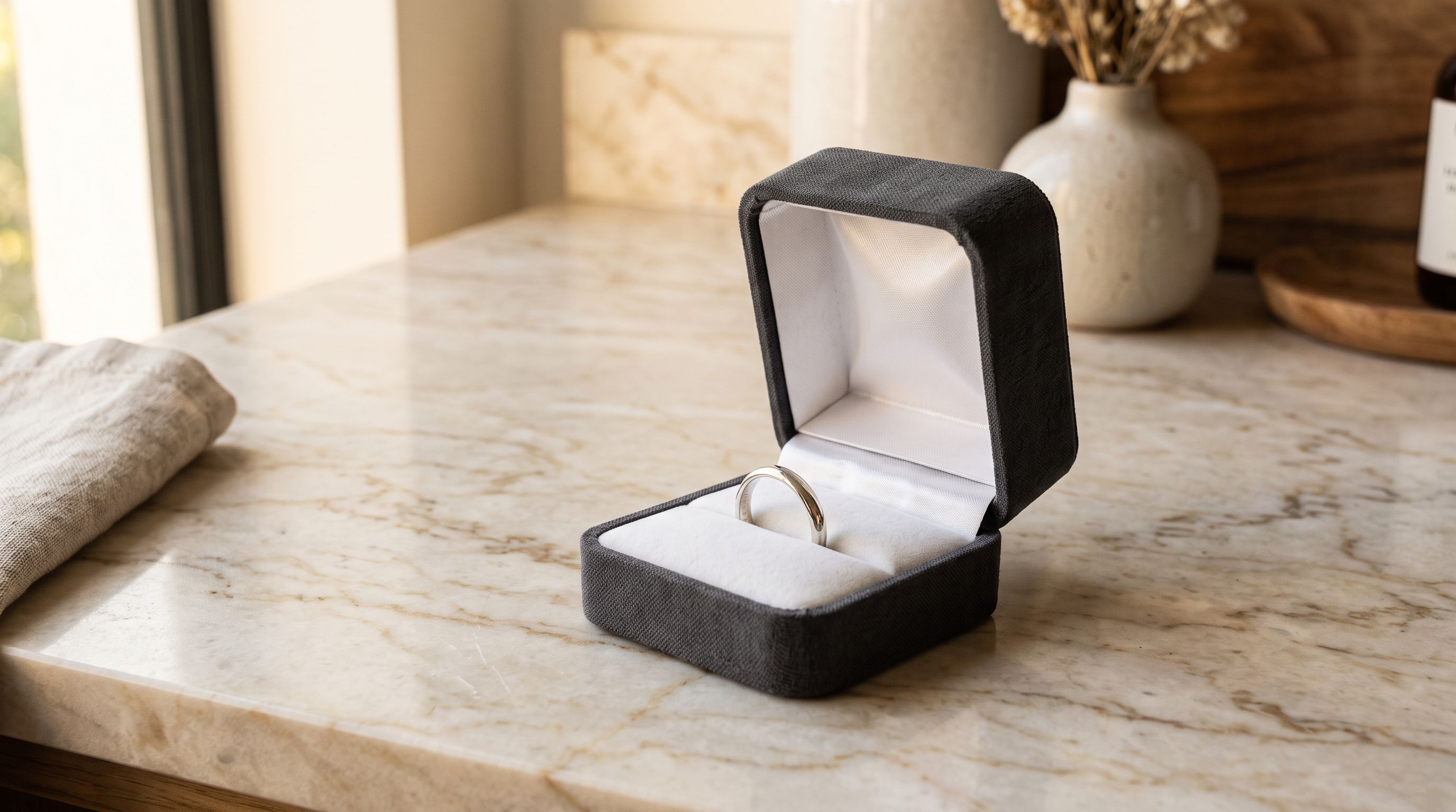 Open jewellery presentation box on marble surface holding a single slim silver ring.
