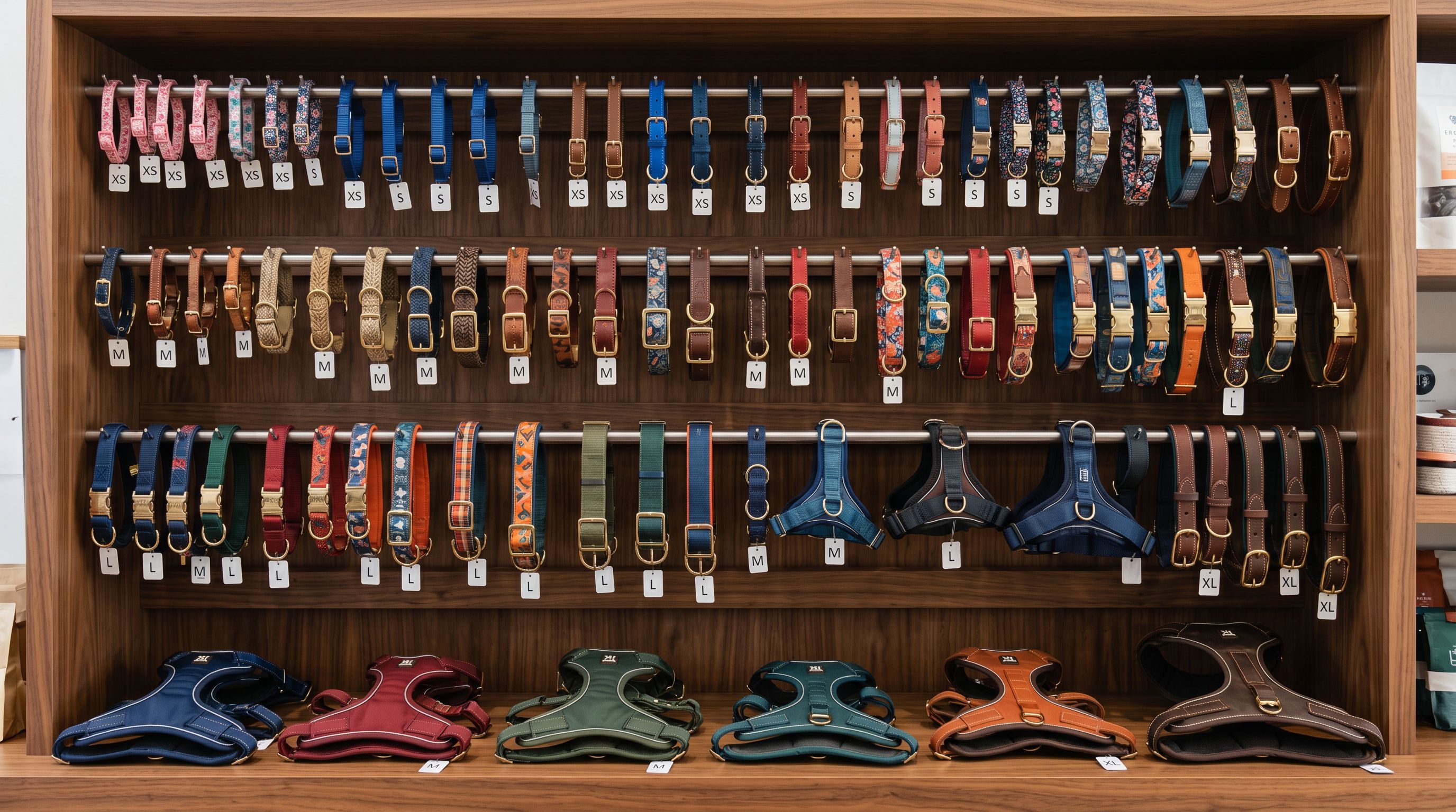 Assorted pet collars, harnesses, and leads arranged by size on a clean retail shelf under studio lighting.