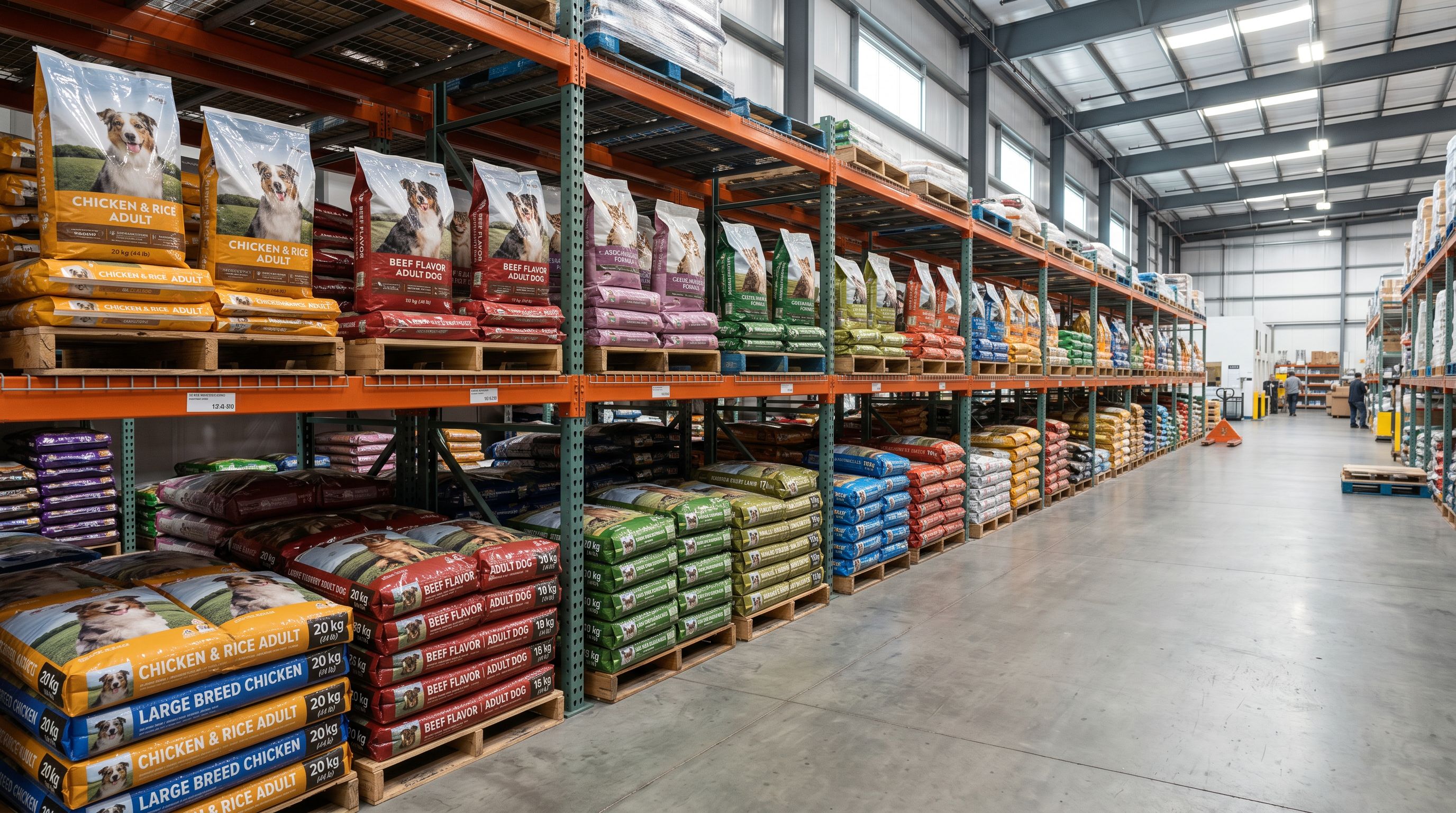 Multiple bags of dry dog food in different flavour varieties displayed on a warehouse shelf with weight labels visible.