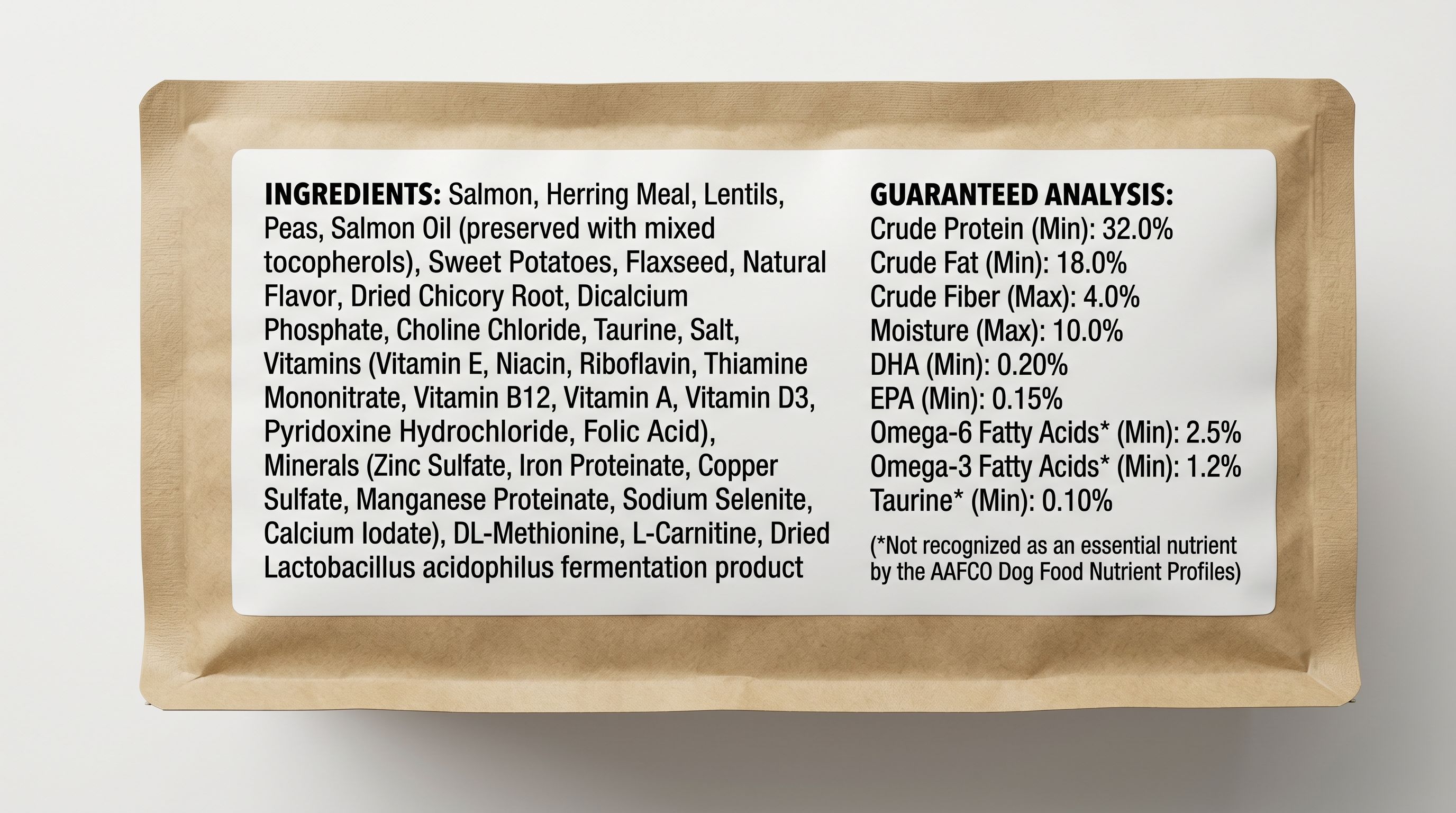 A nutrition label and ingredient list from a pet food package photographed under bright studio lighting on a white surface.