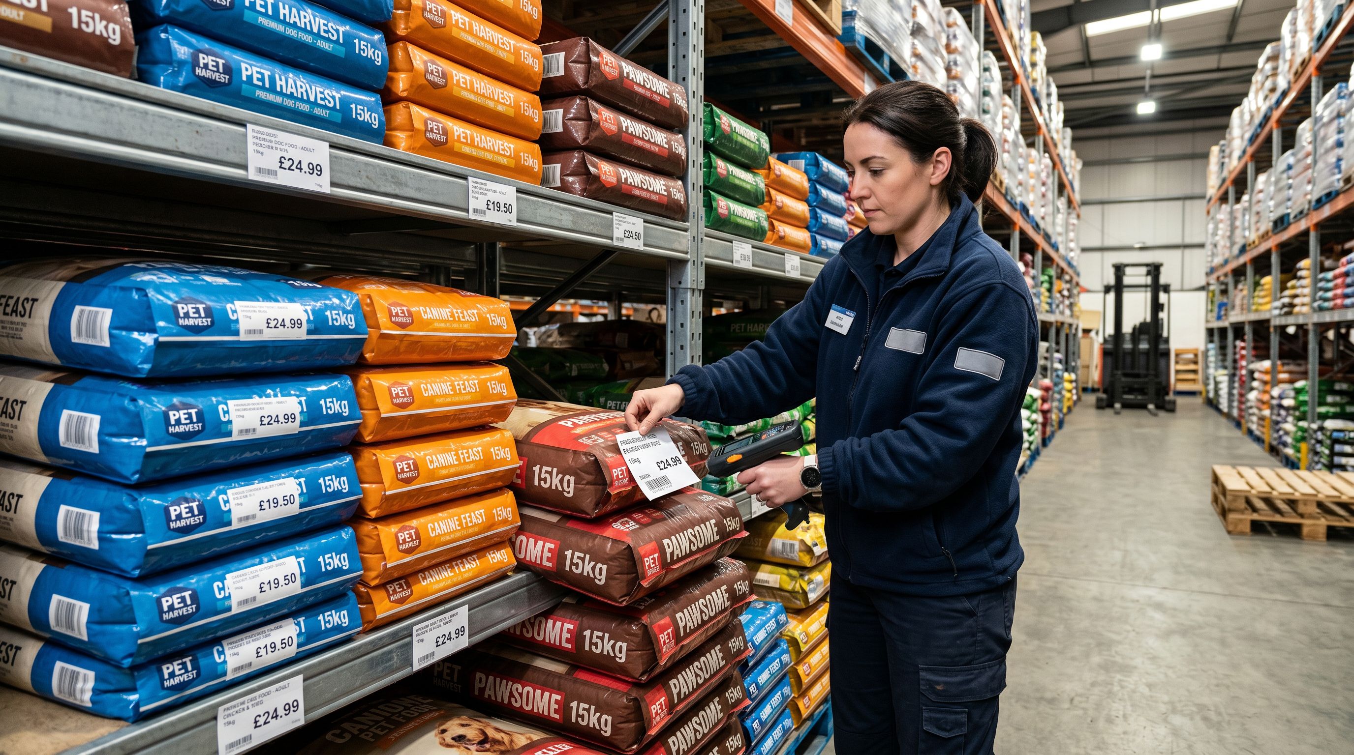 A hand adjusting a product label on a large pet food bag in a warehouse, price and weight clearly visible.