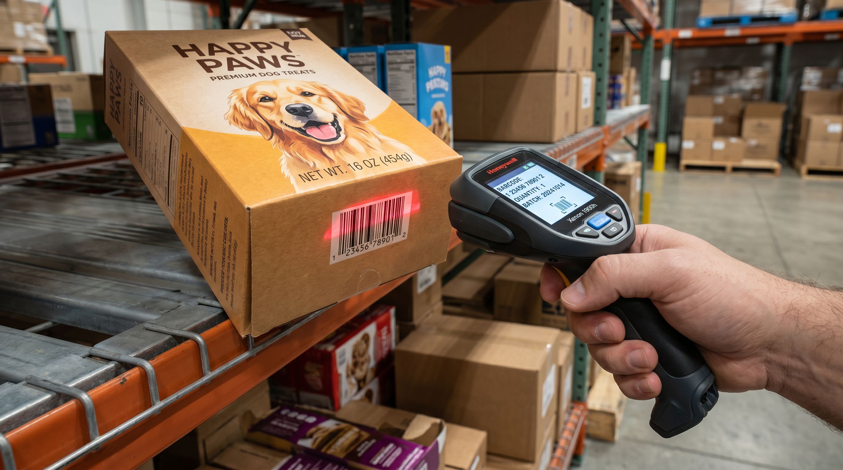 Handheld barcode scanner reading a barcode on a pet product box in a warehouse, scanner display illuminated.