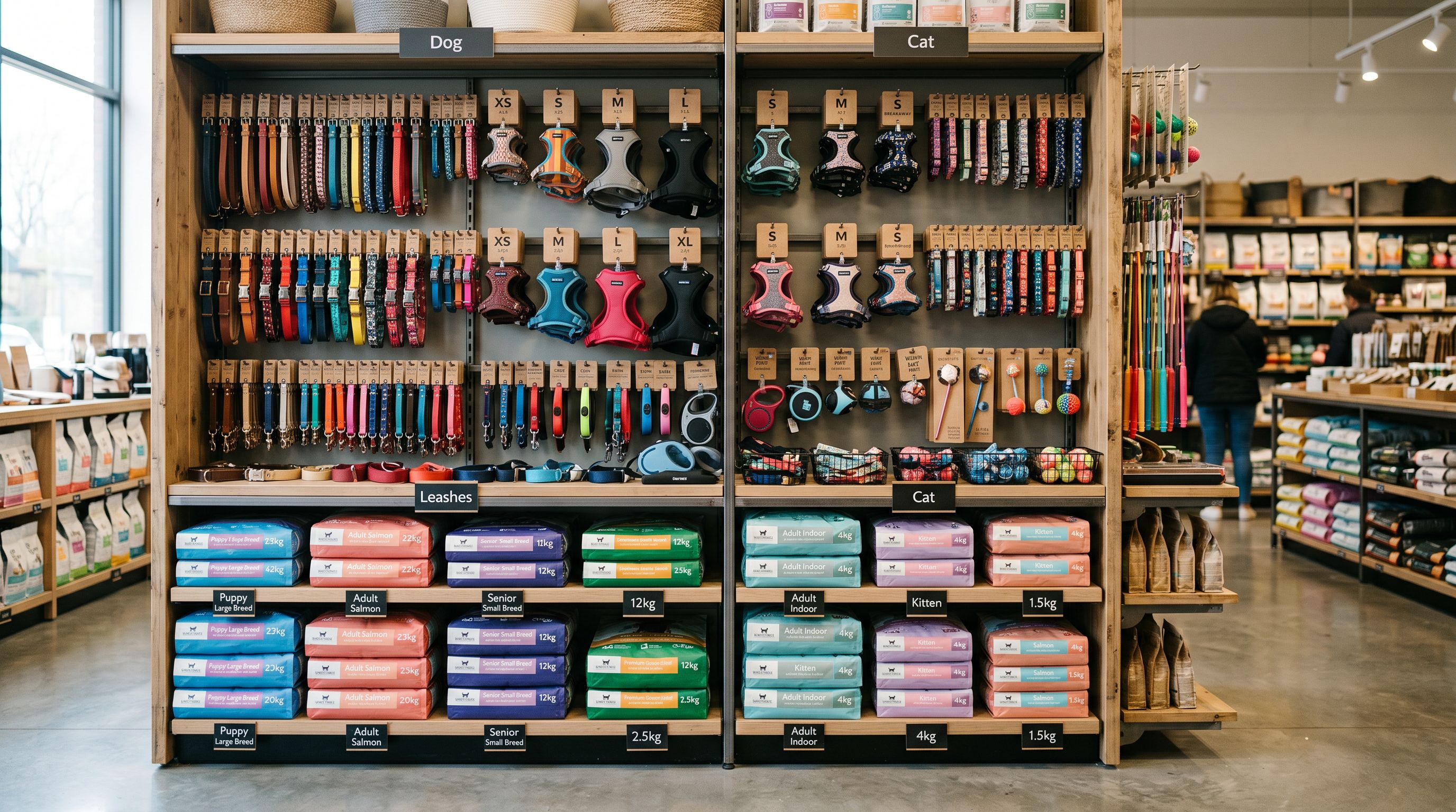 Organised pet supplies retail store display with shelves of collars, harnesses, food bags, and accessories sorted by species and size.