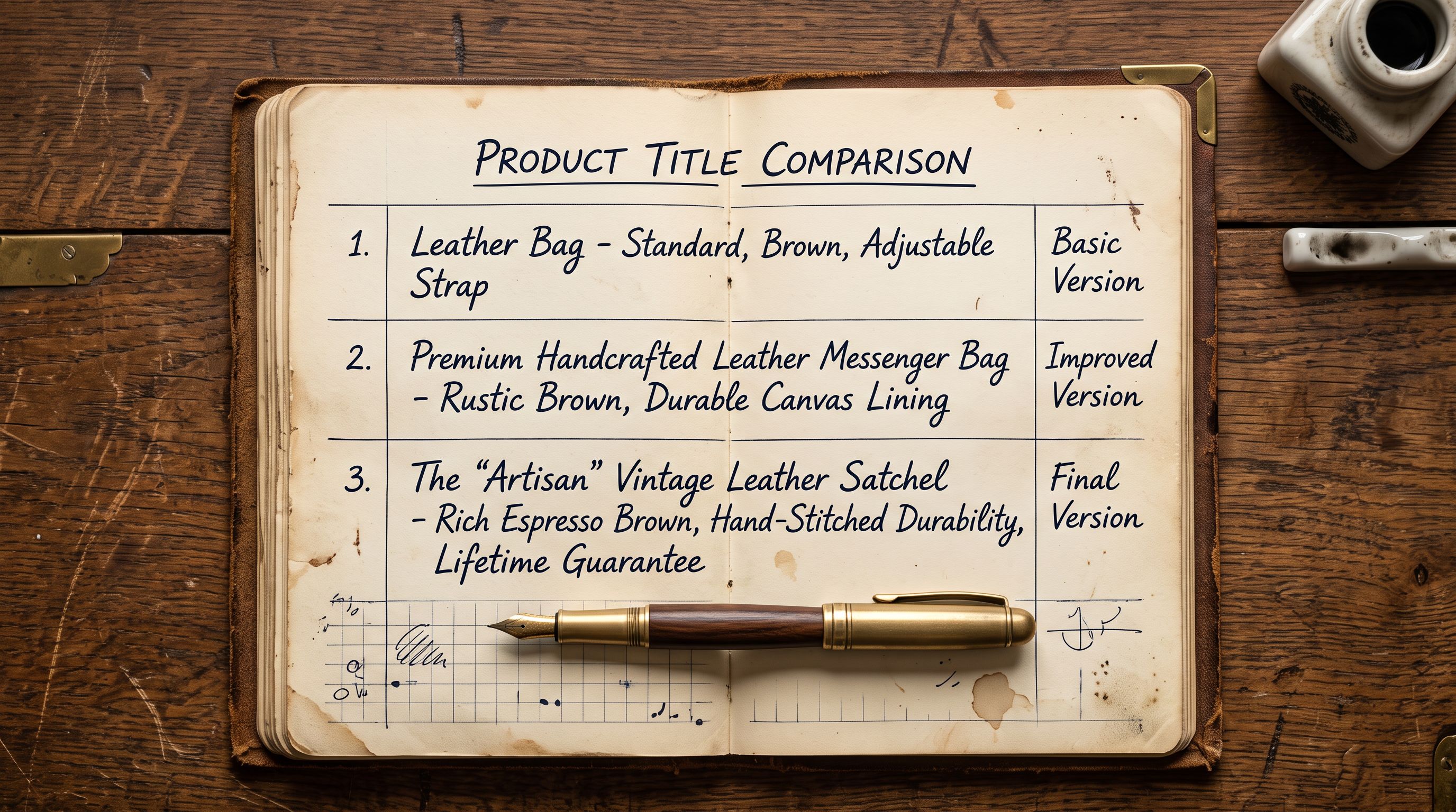 Open notebook with a handwritten list of three product titles showing progressively improved versions of the same item with a pen resting across the page on a wooden desk