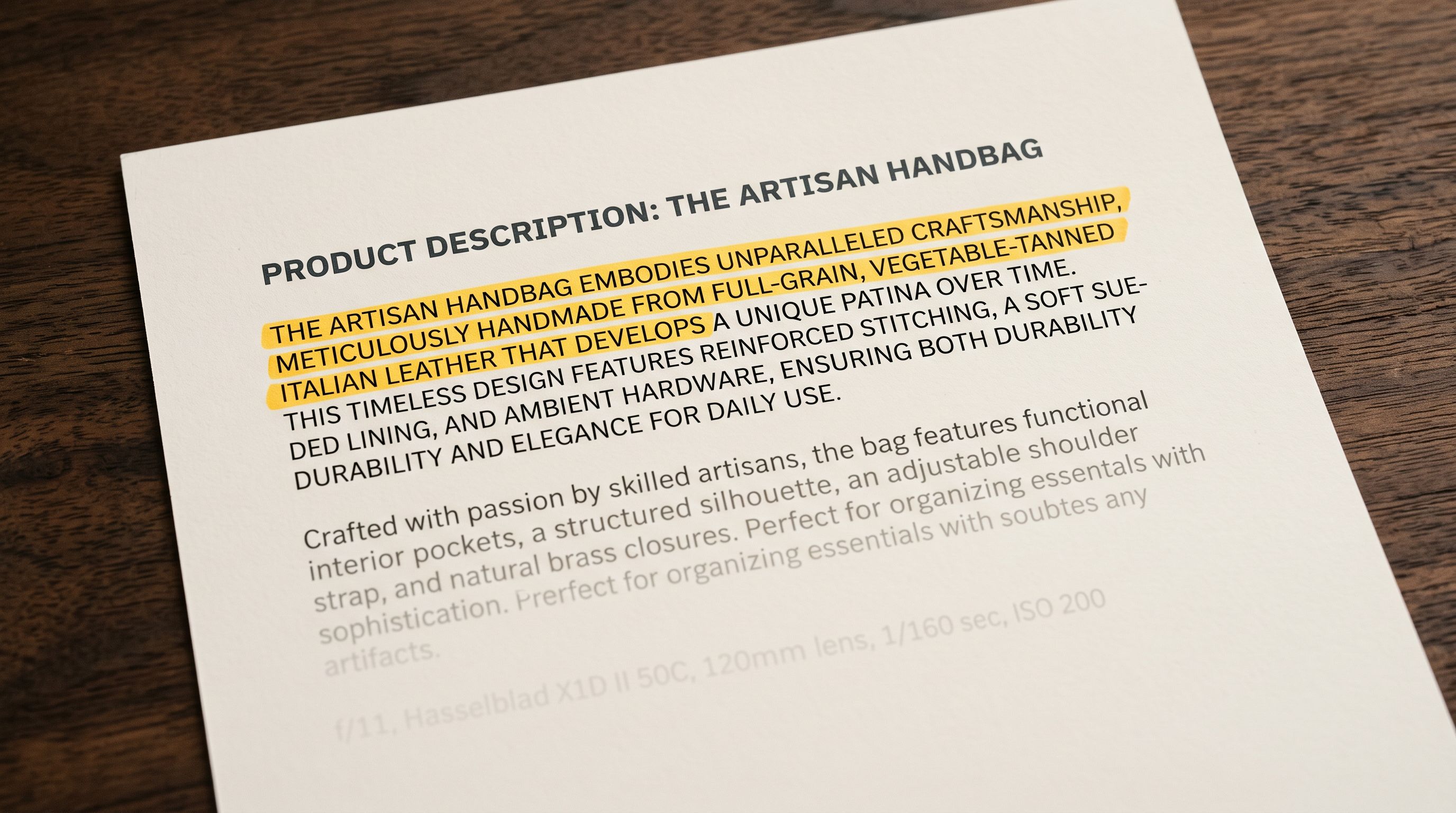 Printed product description sheet with the first two sentences highlighted in yellow marker representing which content gets indexed first the rest of the text fading to lighter ink