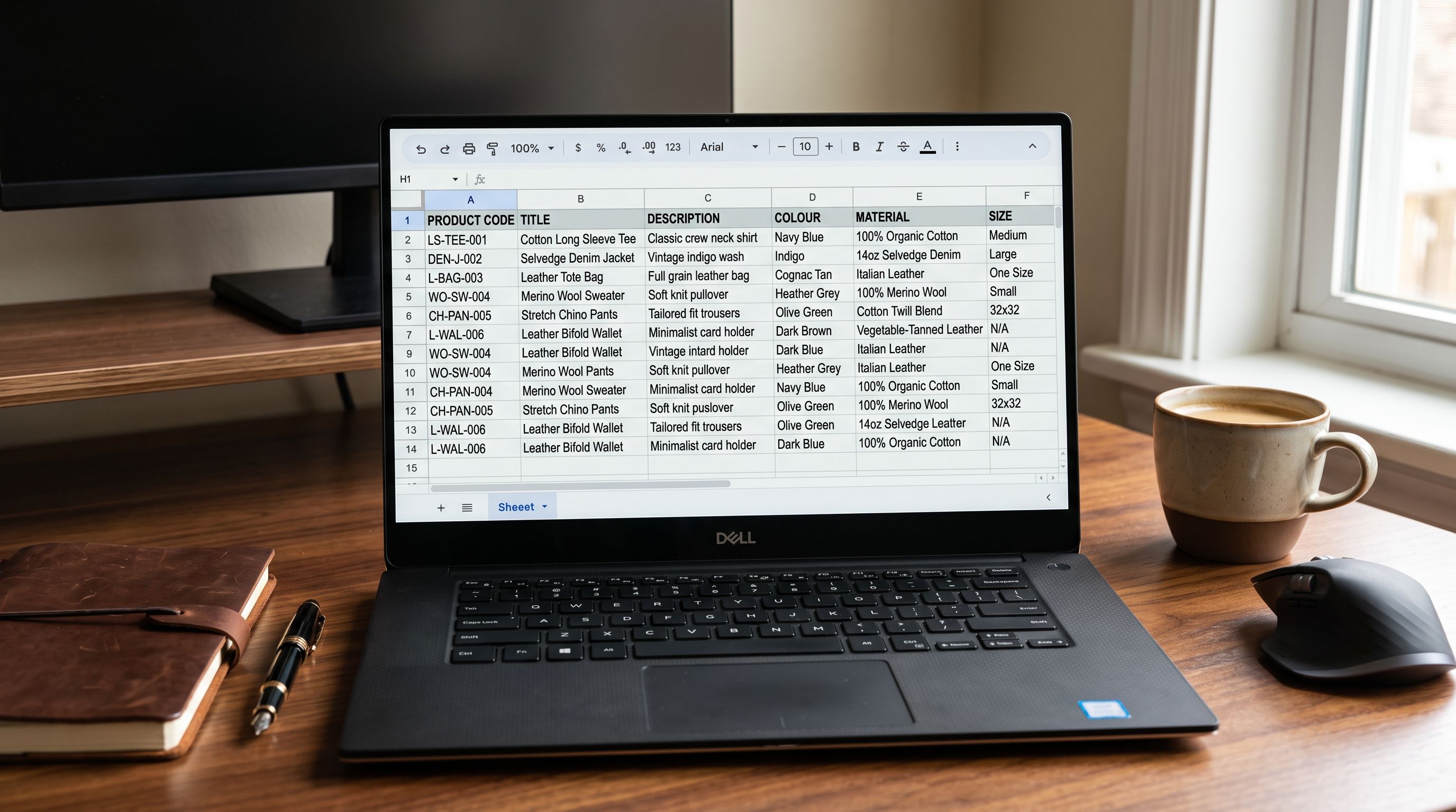 Business laptop showing a product catalogue spreadsheet with columns for title description colour material and size all neatly filled in with consistent values across multiple product rows