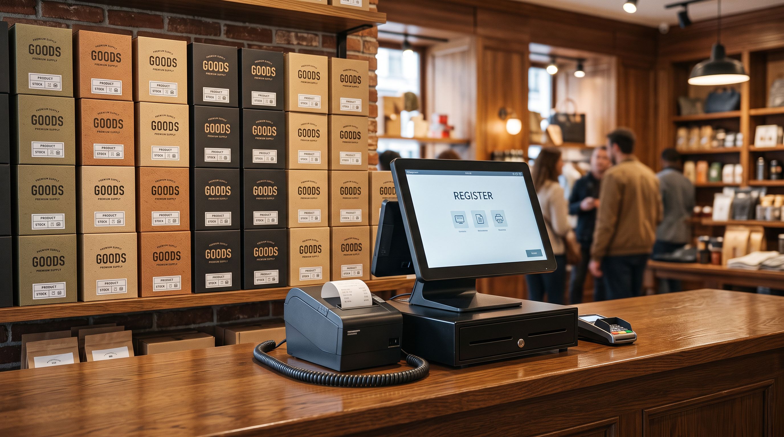 Retail point-of-sale terminal on a polished counter with stacked labelled product boxes in the background.