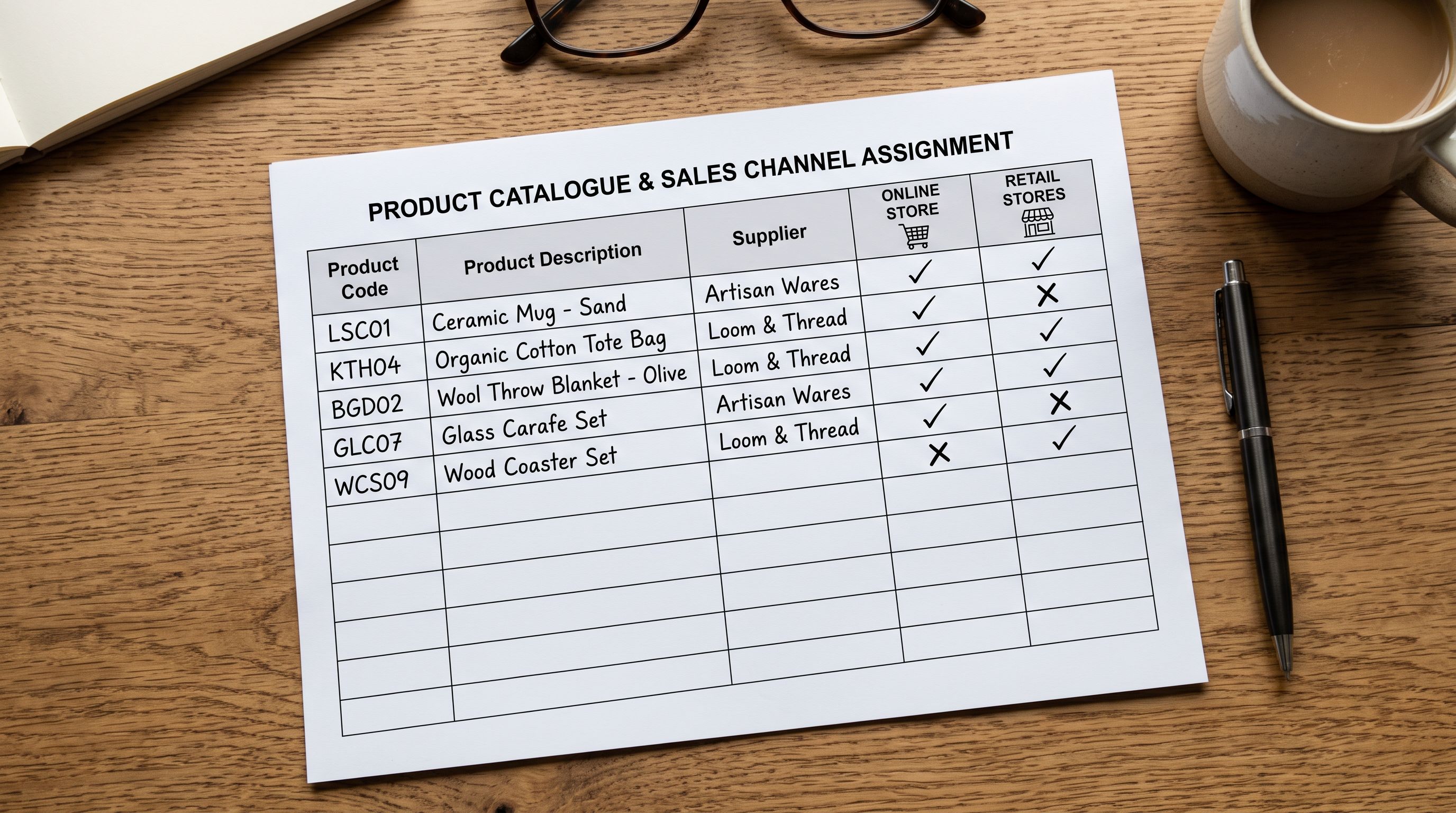 Printed product catalogue spreadsheet with two channel columns showing tick marks and crosses for online and in-store availability per product row.