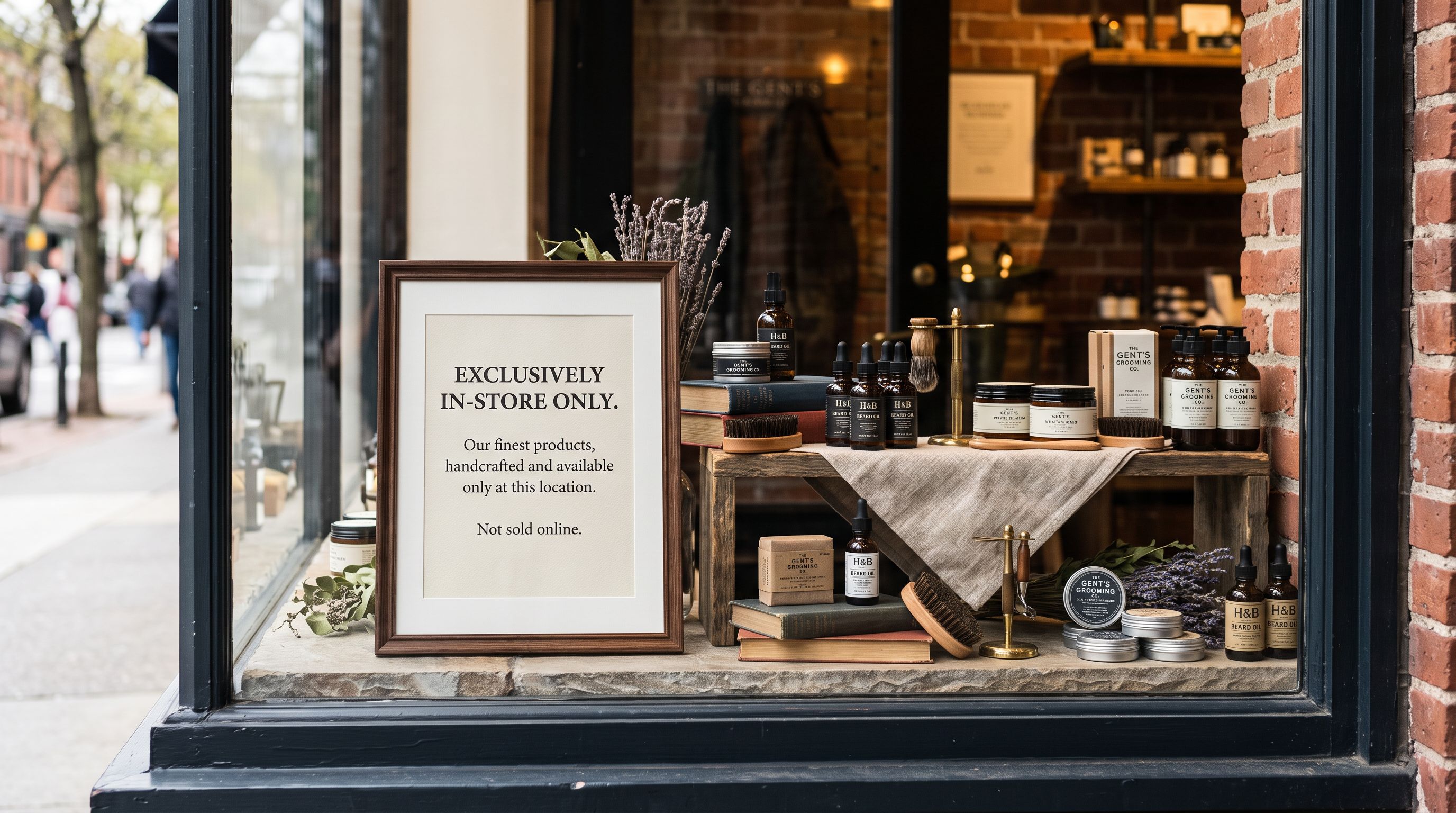 Retail shop window display showing a printed in-store only sign beside a neatly arranged product display for POS-exclusive products.