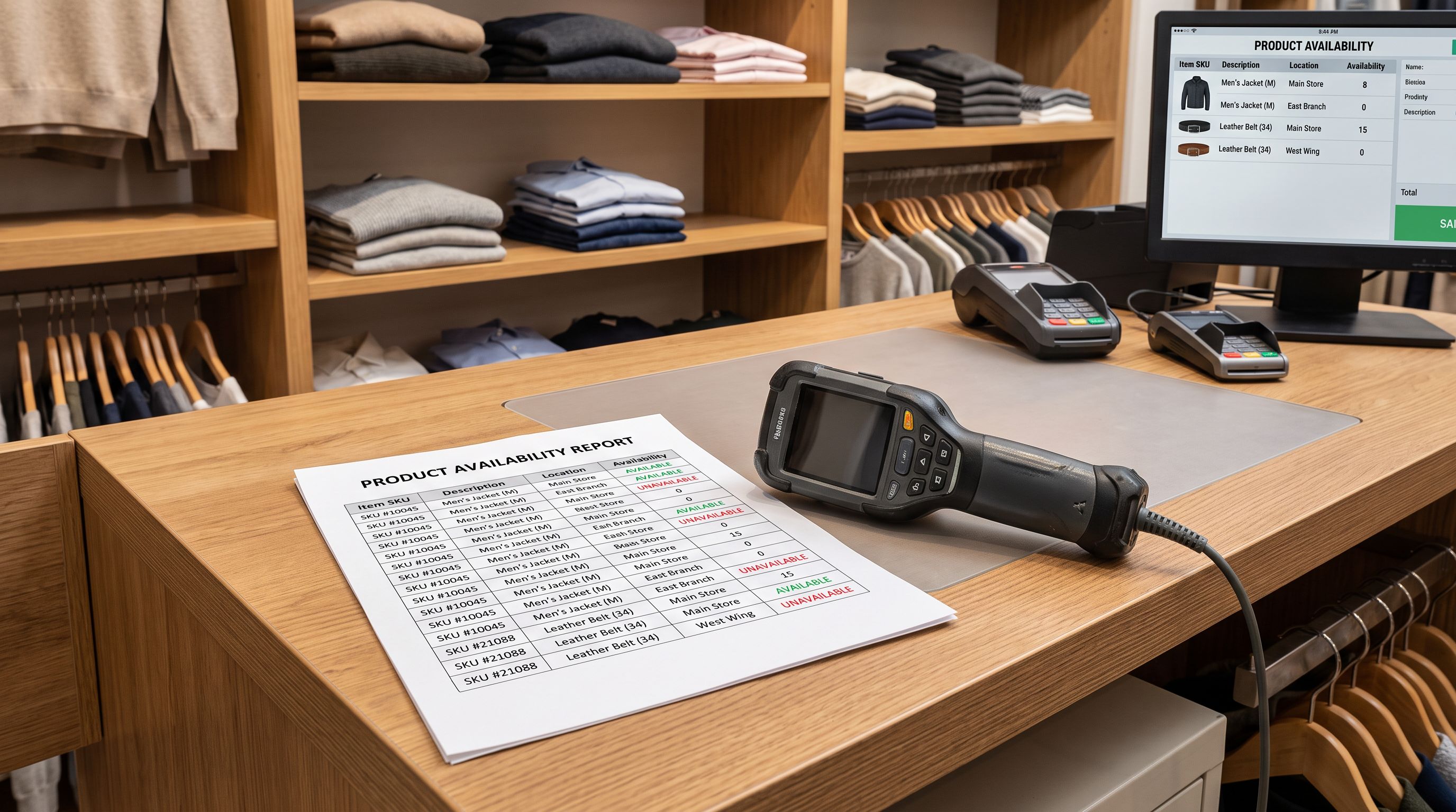 Retail store counter showing a point-of-sale scanner beside a printed product availability report with location-specific stock status.