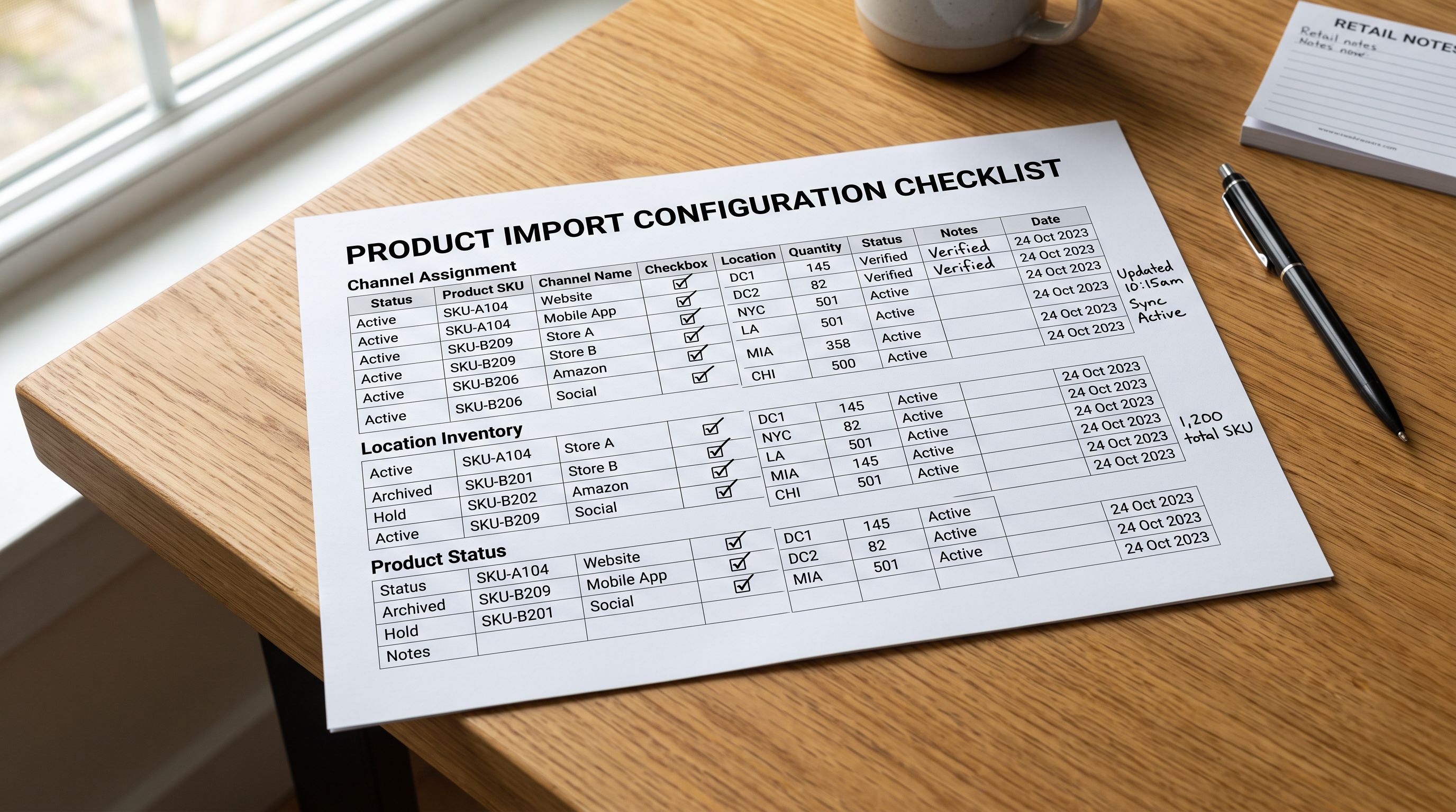 Printed multi-channel import configuration checklist with tick boxes for channel assignment, location inventory, and product status fields.