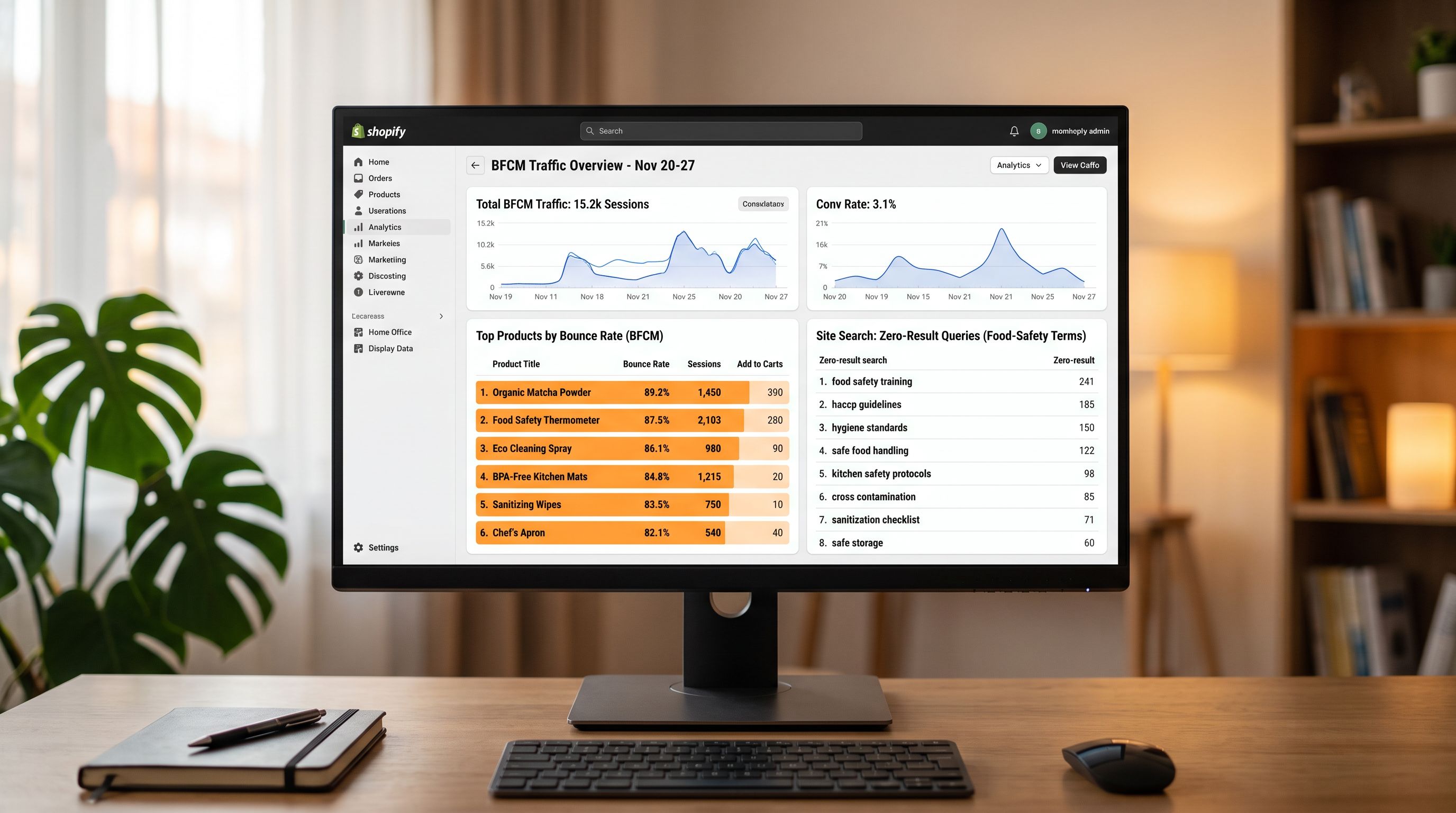 A monitor screen showing a Shopify analytics dashboard with BFCM traffic data: a product page report sorted by bounce rate showing six high-traffic products with below-average conversion, and a site search report showing 312 zero-result queries for food-safety terms, sharp focus, colour photography.