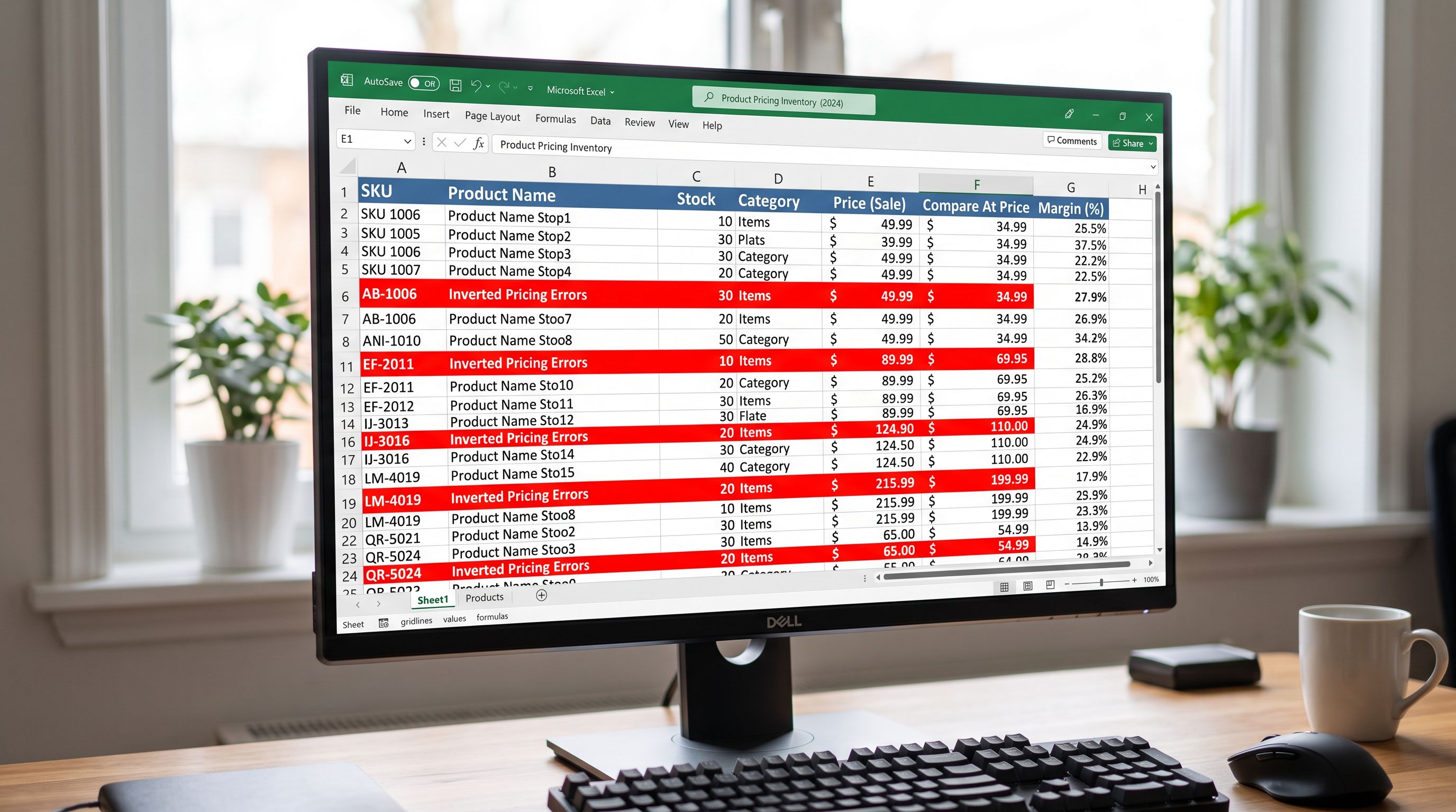 A monitor screen showing a Shopify product export in spreadsheet format with price and compare-at price columns highlighted, several rows showing inverted pricing where compare-at price is lower than the sale price, a red highlight on those cells, sharp focus, colour photography.