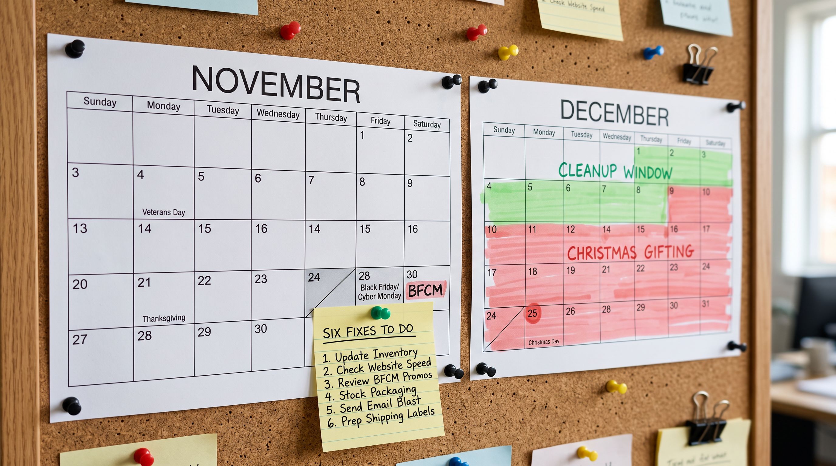 A calendar timeline showing November BFCM week, then December 1 through 10 labelled Cleanup Window, then December 10 Christmas Gifting Peak, with a green bar showing the catalogue improvement period and a red bar showing the missed opportunity if cleanup is delayed to January, sharp focus, colour photography.