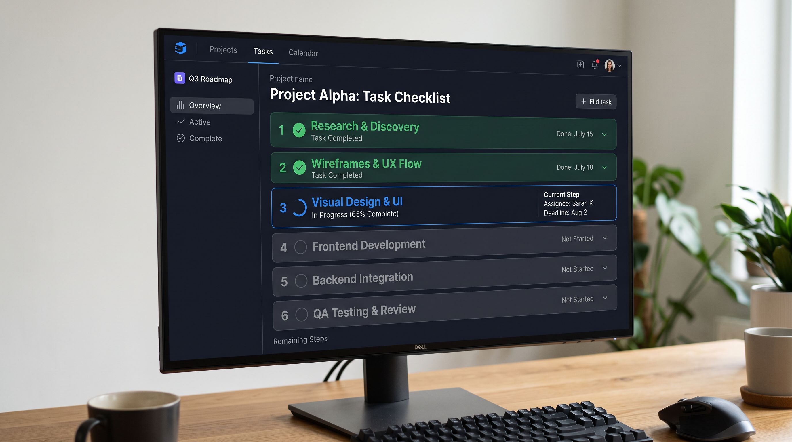 A monitor screen showing the Importier import steps interface with a six-step workflow checklist: site search analysis checked, pricing export review checked, SEO audit comparison in progress, metafield enrichment not started, re-import not started, Import History validation not started, sharp focus, colour photography.