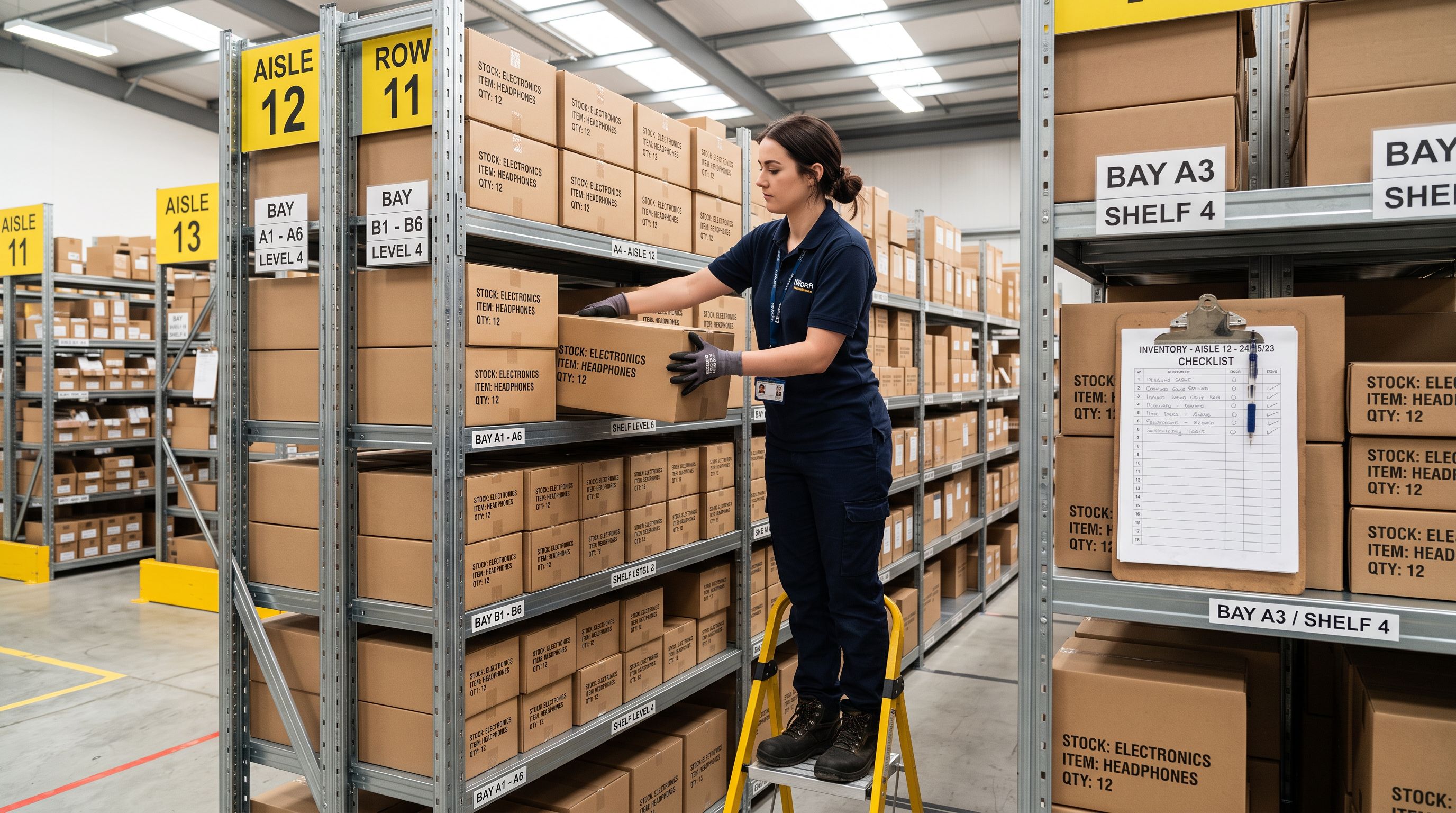Retail stockroom worker arranging product boxes in neatly labelled shelf bays, clipboard with inventory checklist on a nearby shelf.