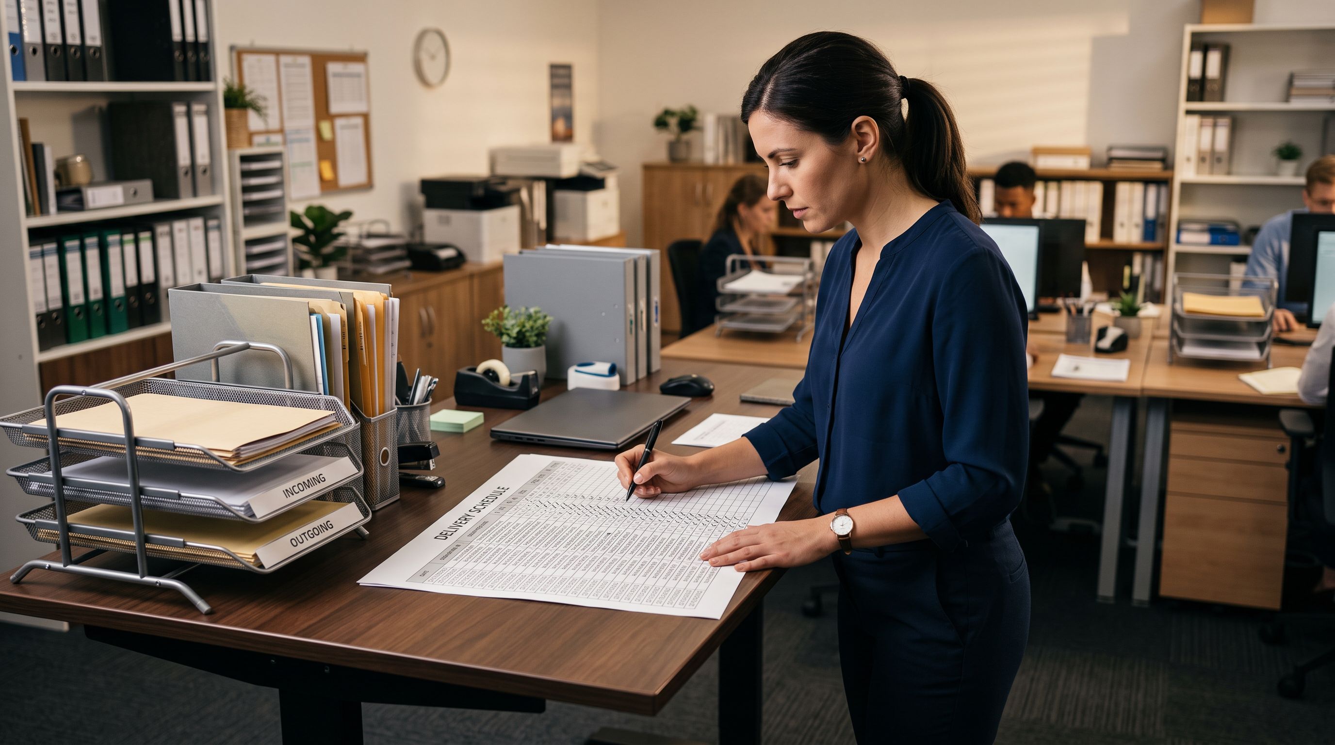 Logistics coordinator at a standing desk reviewing a printed product delivery schedule, pen marking expected arrival dates on the sheet.