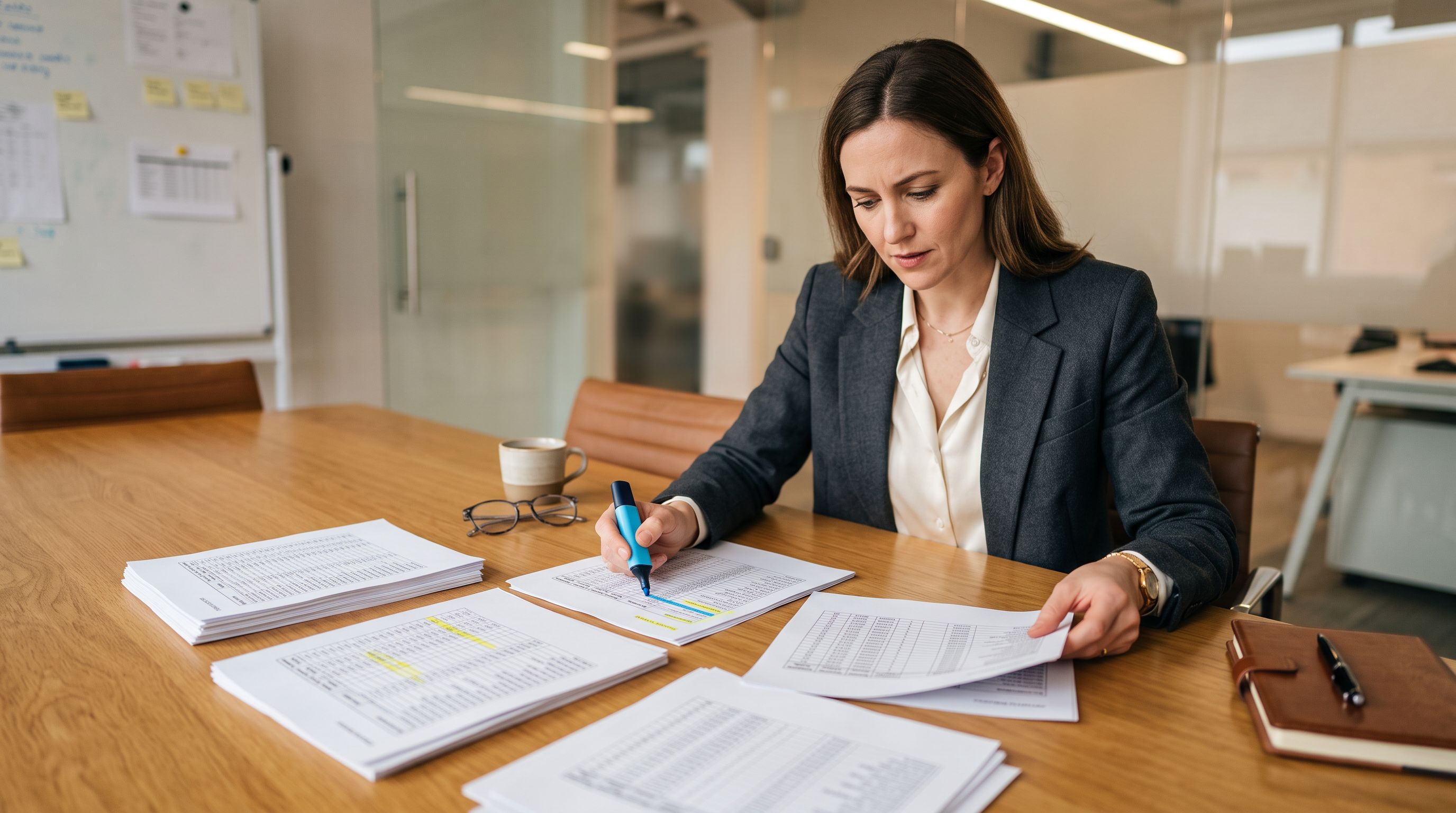 Retail buyer reviewing printed product availability reports spread across a meeting table, multiple typed sheets with highlighter marks visible on key rows.