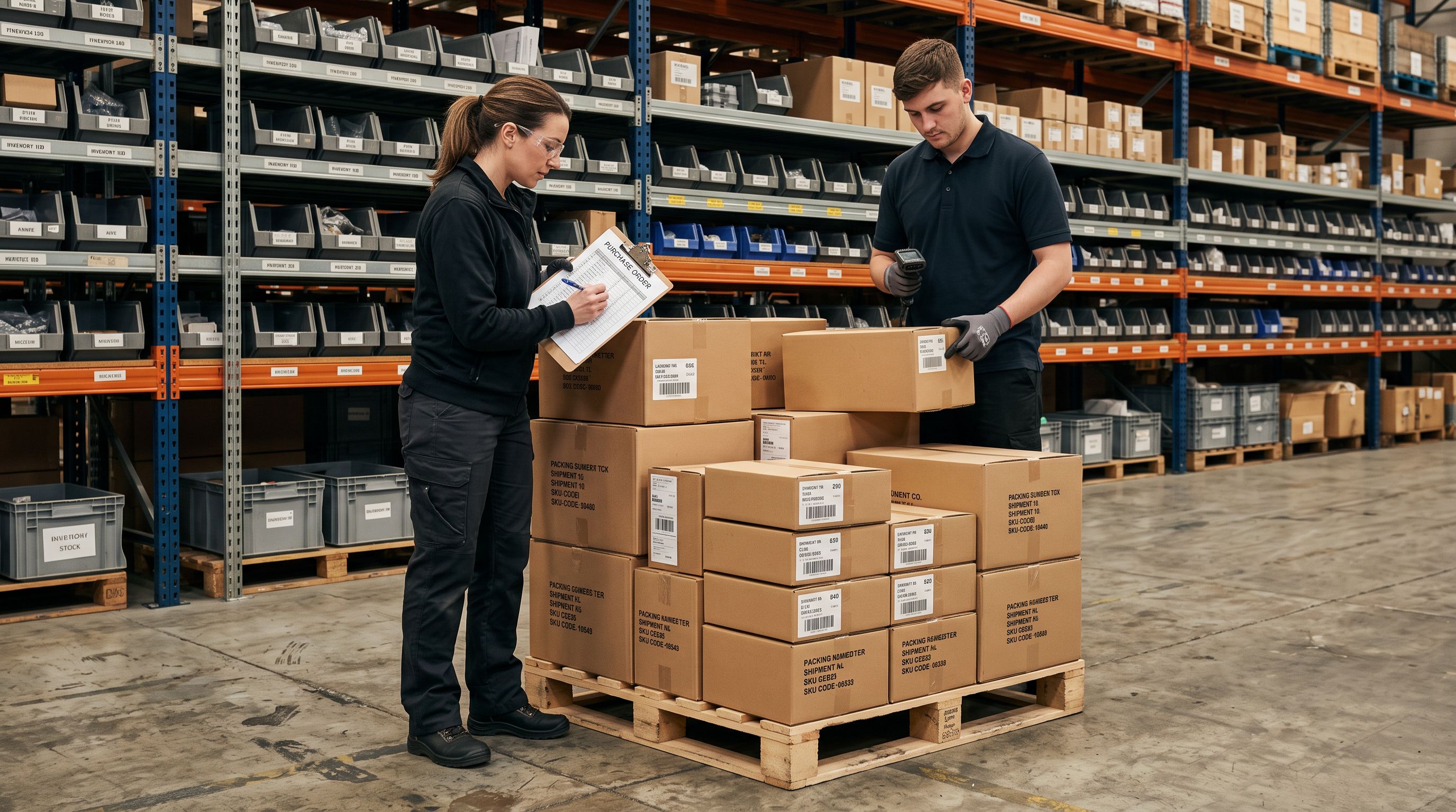 Warehouse staff counting received boxes of new stock against a printed purchase order on a concrete floor, organised metal shelving with labelled inventory bins visible in background.