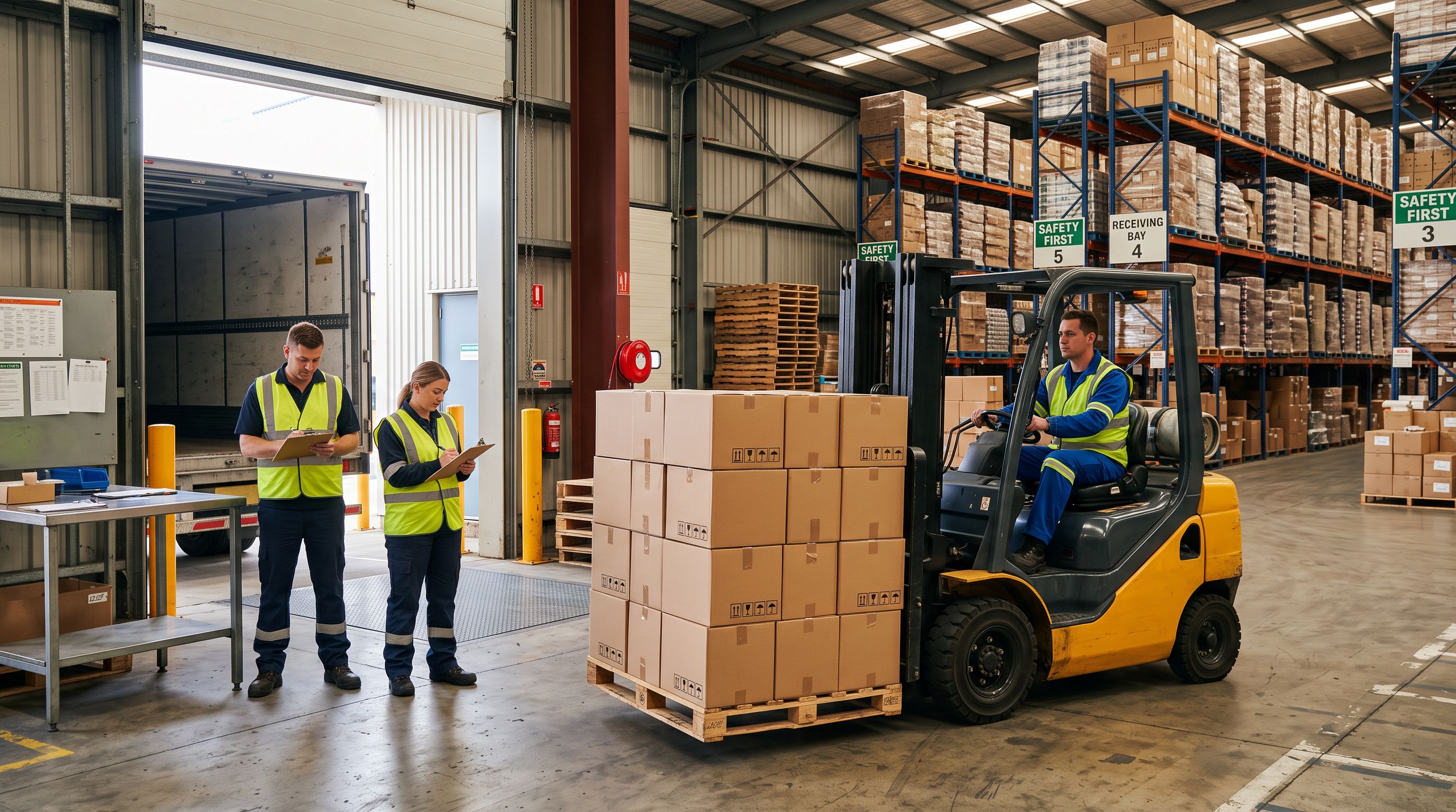 Retail warehouse dock with stacked pallets and boxes arriving on a forklift, ready for stock intake.