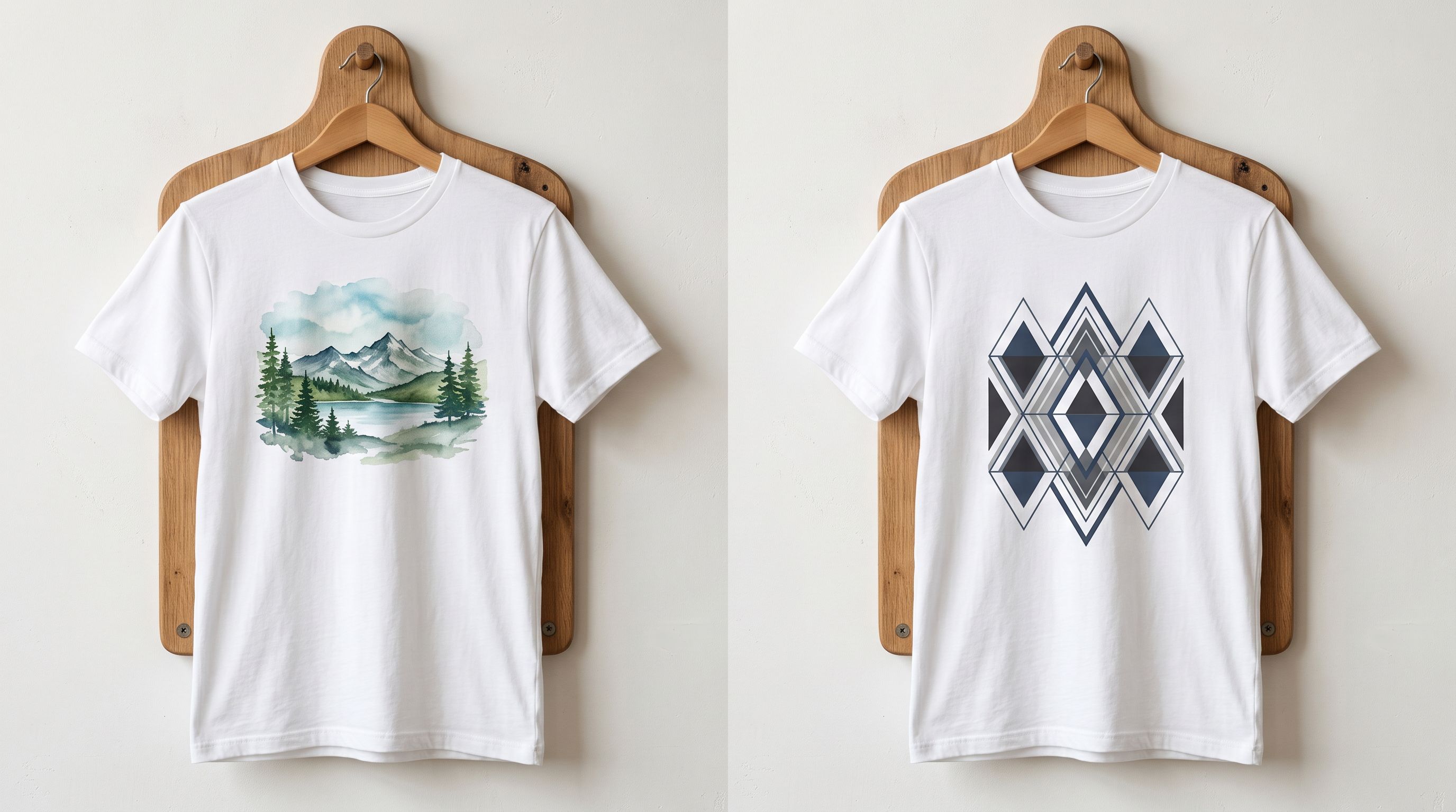 Two matching white garments on wooden display forms showing a mountain landscape print and a geometric pattern print side by side, bright studio lighting.