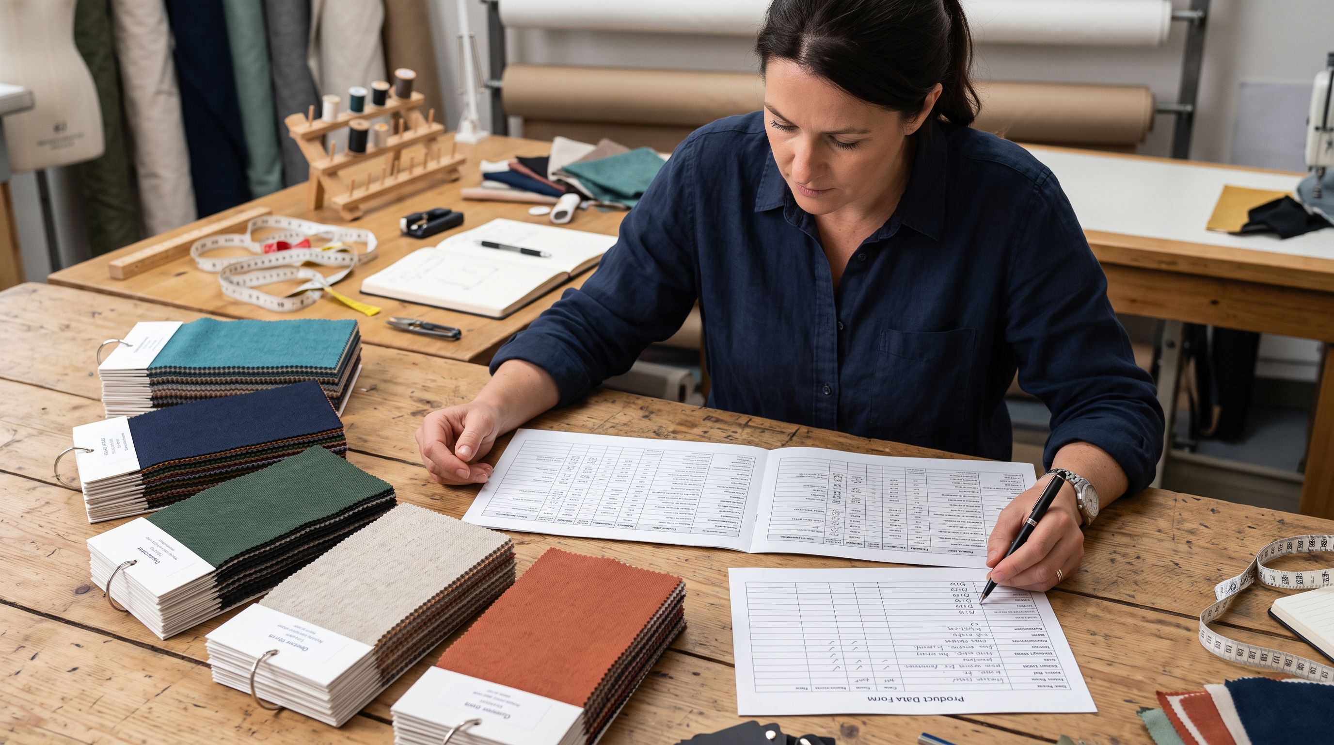 Printed two-panel specification sheet on a workbench beside stacked fabric swatches and a product data form with filled rows.