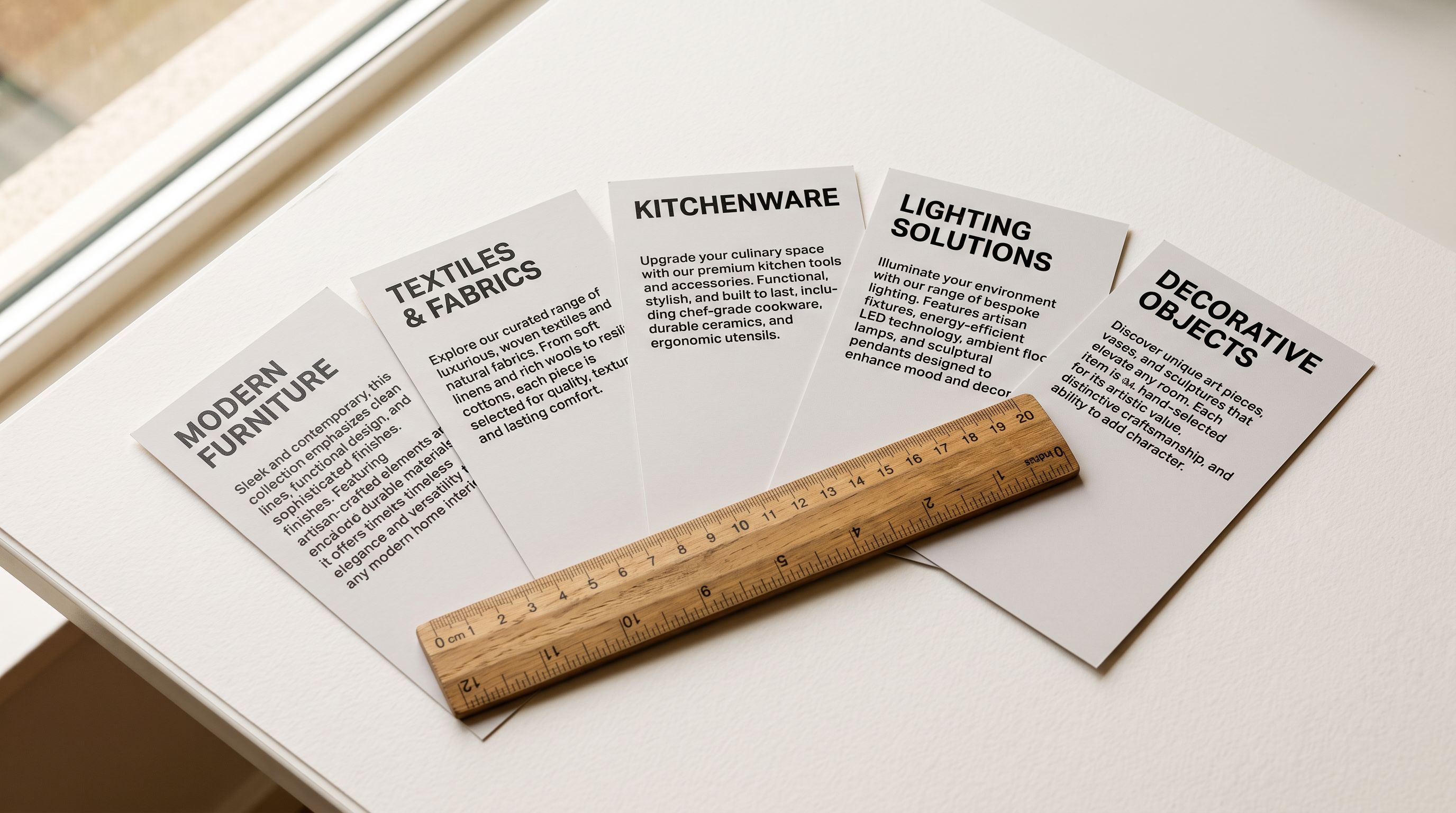 Five product description cards fanned out on a clean surface with different design category headers, a wooden ruler resting diagonally across them.