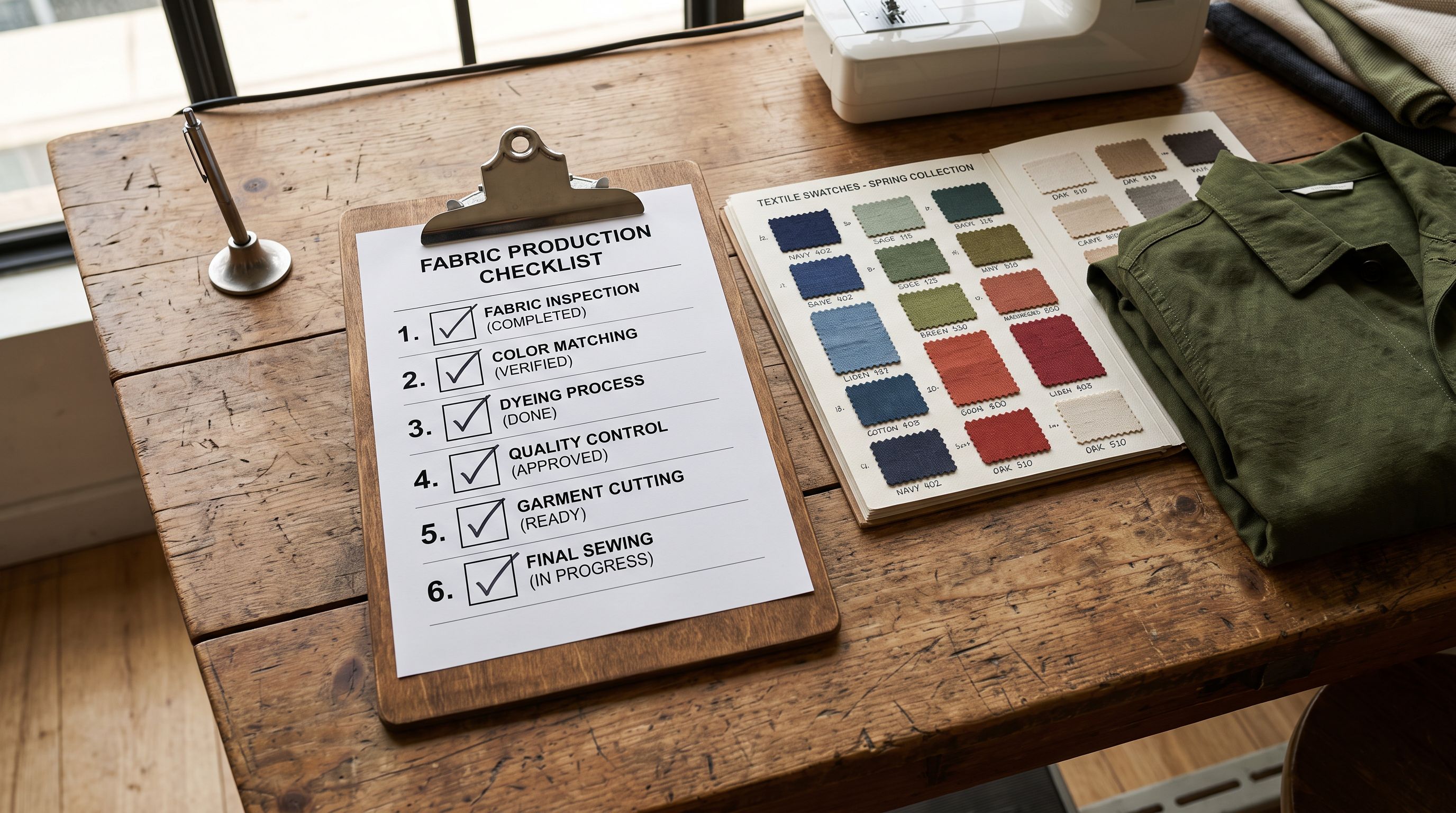 Six-step workflow checklist on a wooden clipboard beside a folded printed garment and an open colour swatch book on a work surface.