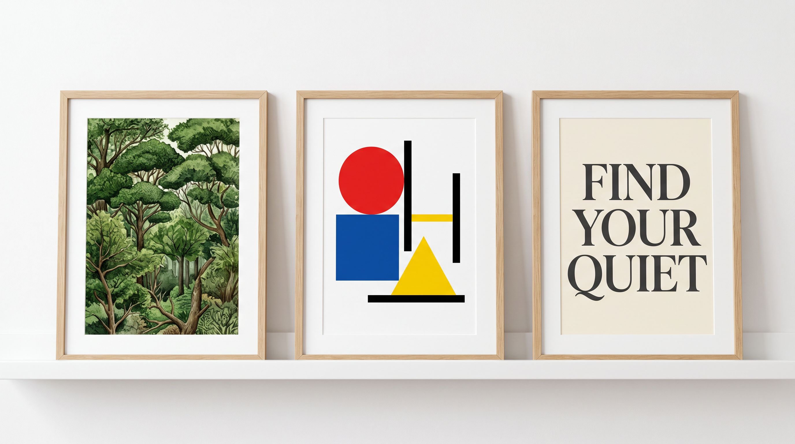 Three framed display prints on a shelf showing a detailed forest watercolour, bold geometric shapes in primary colours, and a typographic phrase.