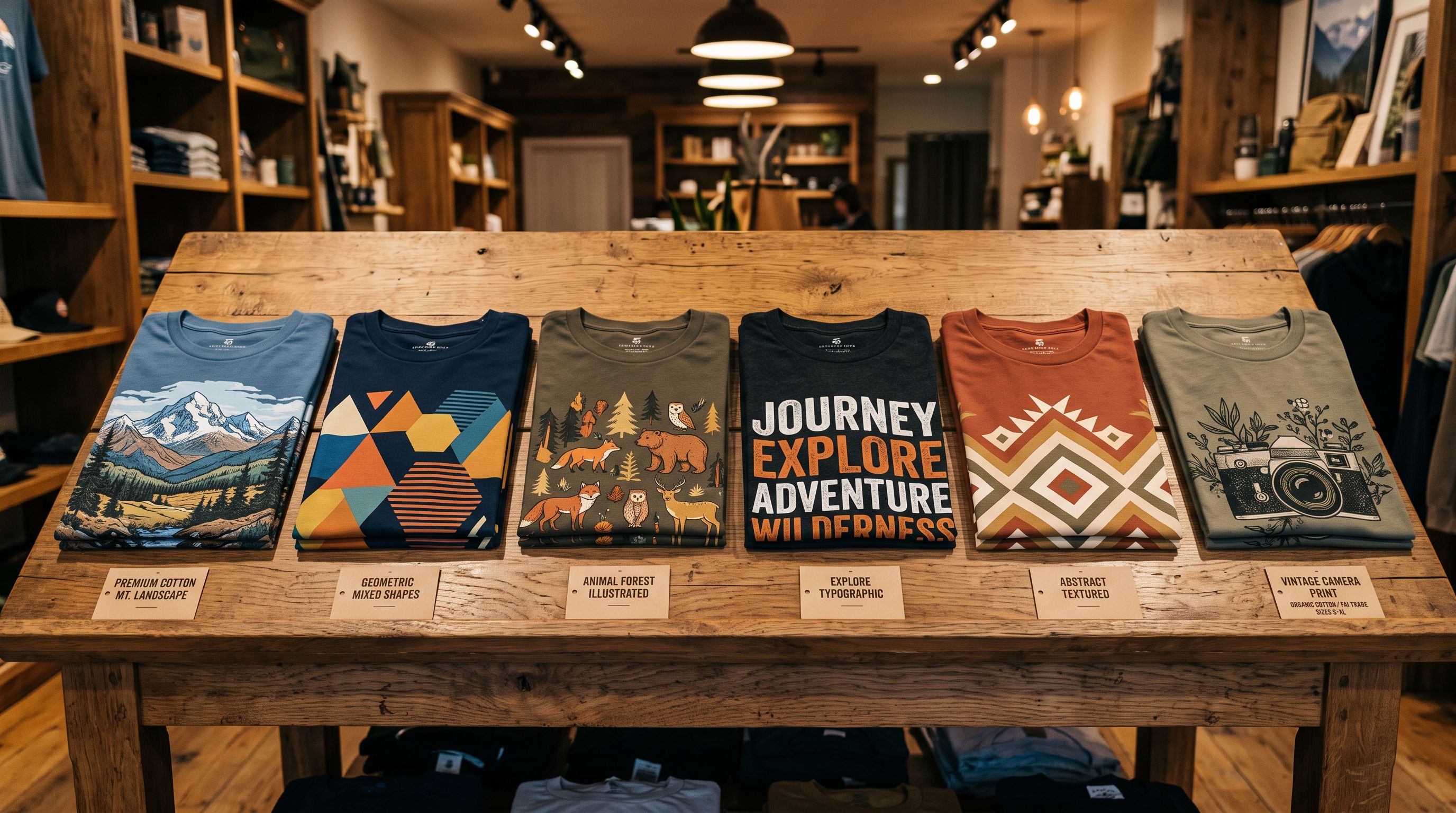 Retail display table with six folded garments each showing a different printed graphic design with specification tags beside each garment under warm display lighting.