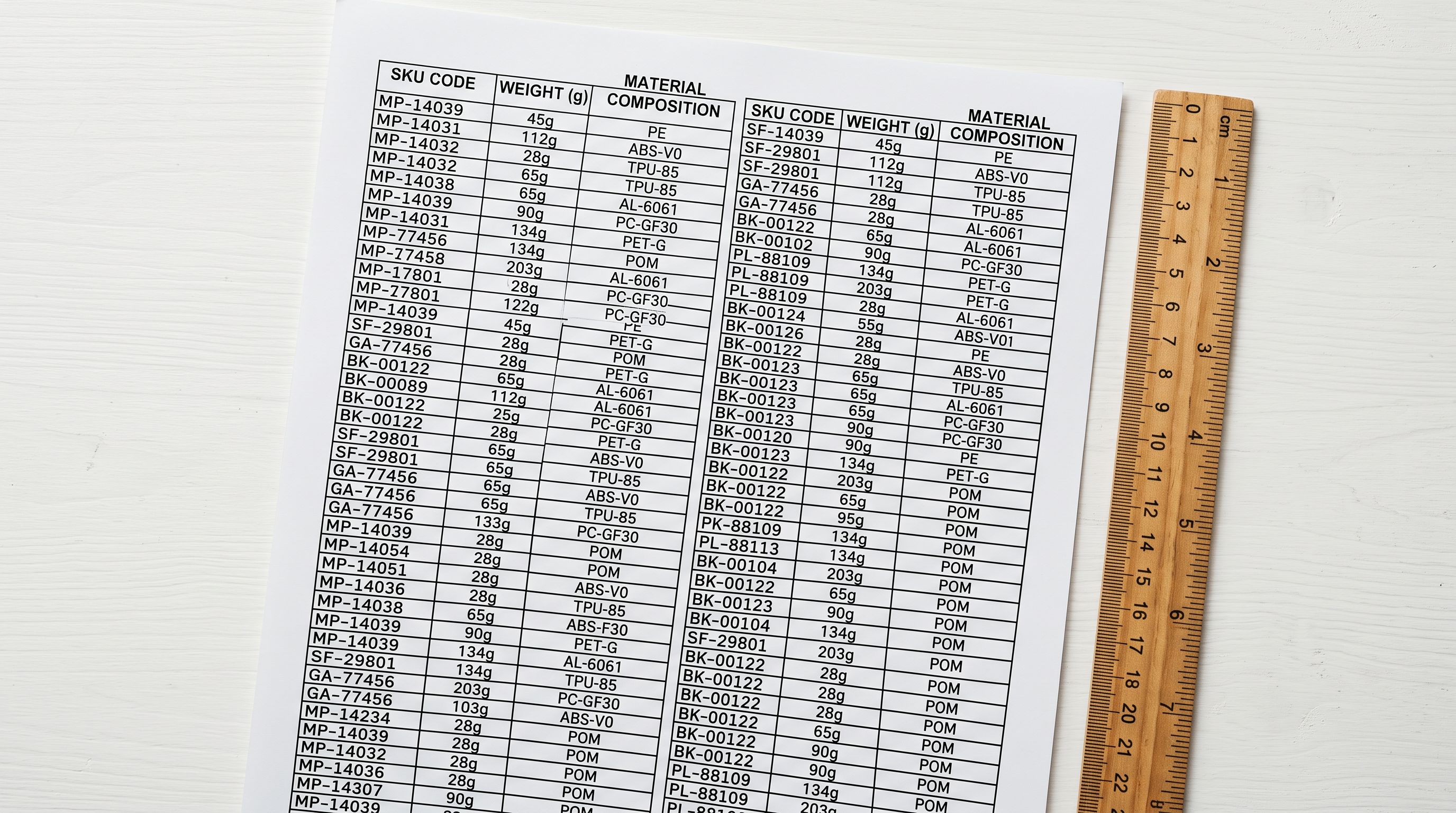 Printed supplier product specification sheet with dense columns of SKU codes, weight measurements, and material codes laid flat on a white surface