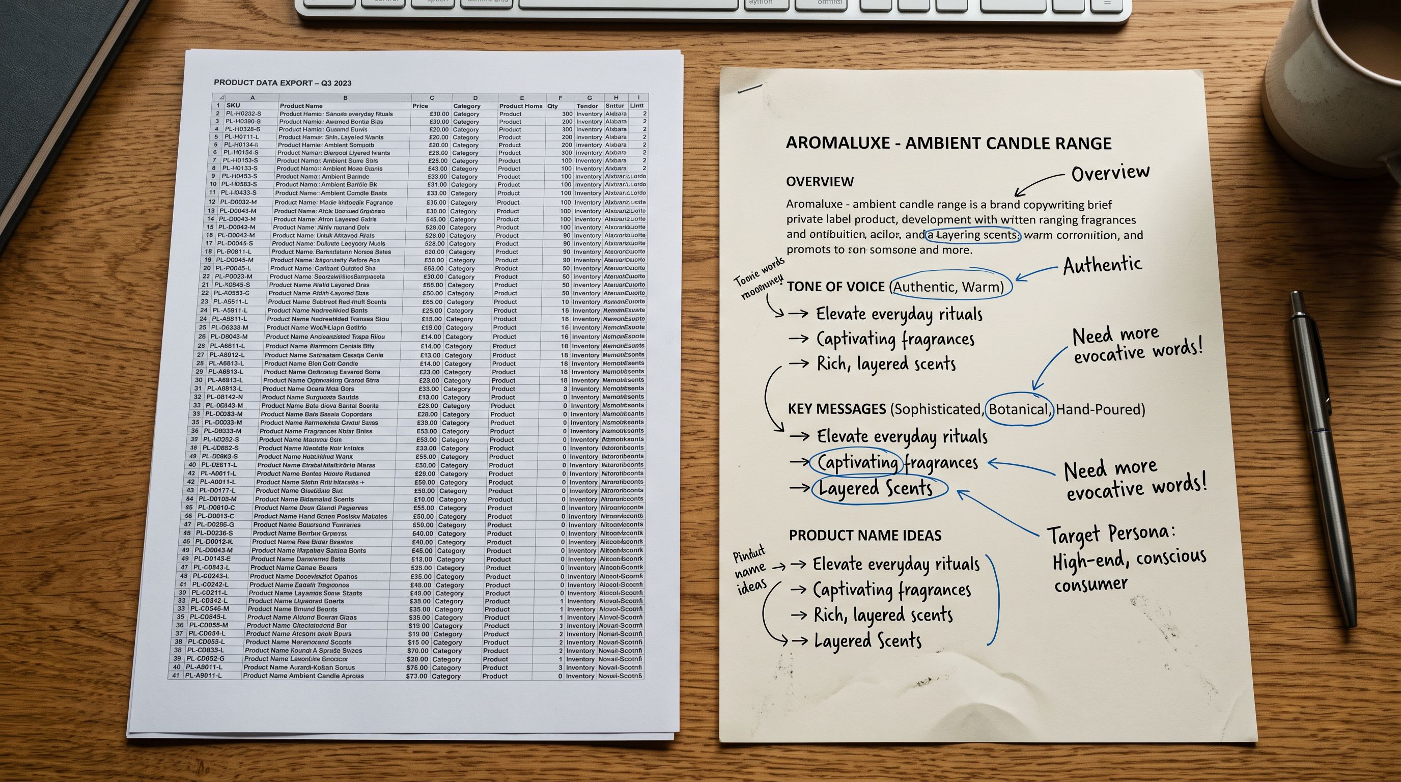 Two documents placed side by side: a dense printed CSV data printout on the left and a brand copywriting brief with handwritten notes and circled phrases on the right