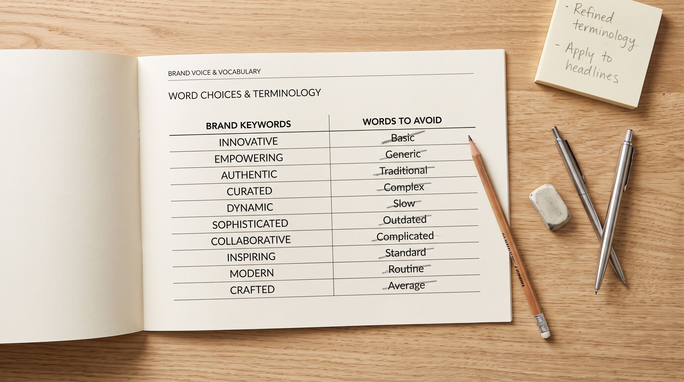 Open brand style guide booklet showing a Keywords column with specific brand terms and an Avoid Words column with terms crossed out, annotated in pencil