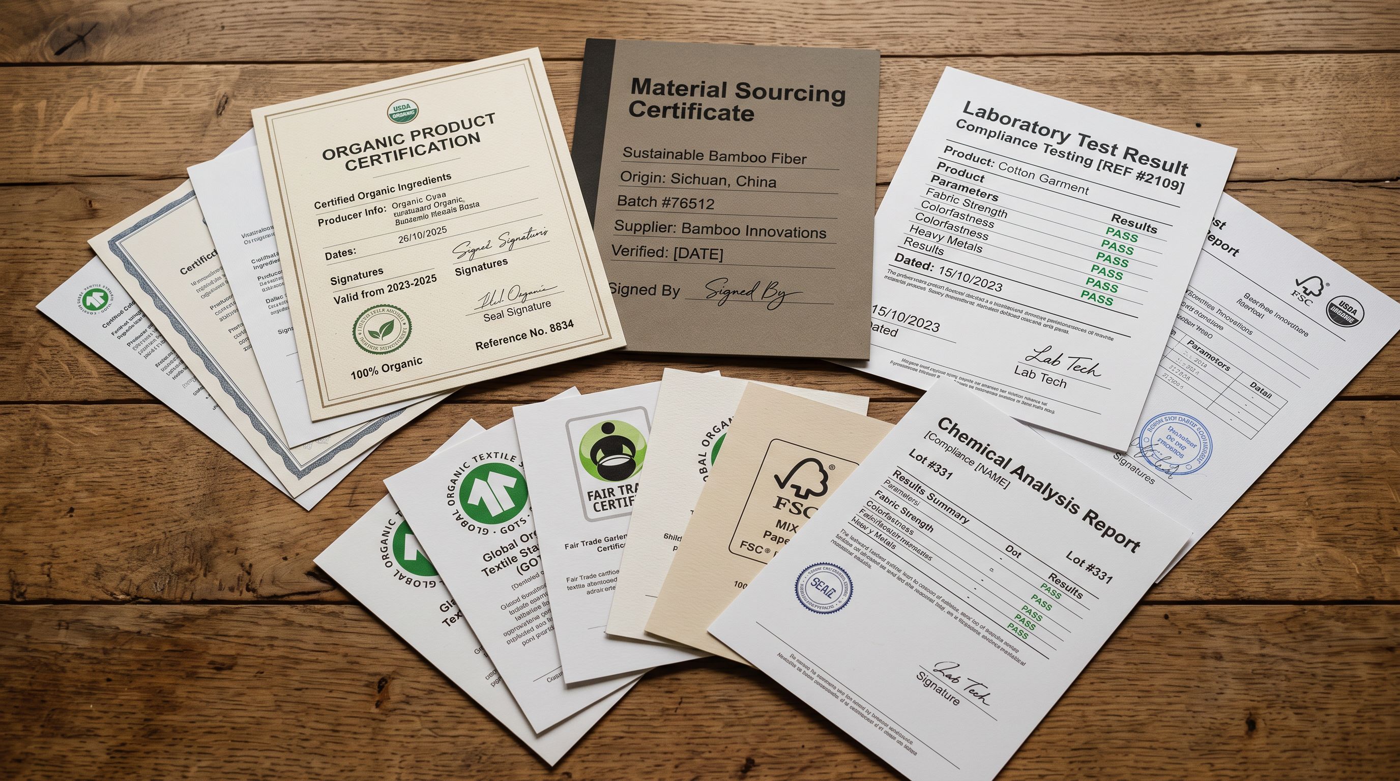 Product certification cards, material sourcing certificates, and lab test result printouts fanned out in an overlapping spread on a flat surface representing proprietary product specifications