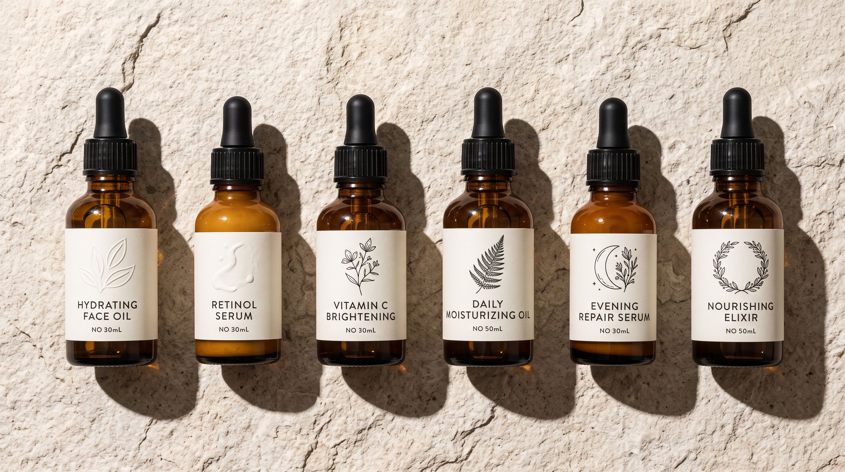 Private label skincare product range: six amber glass serums with embossed brand labels arranged on a pale stone surface