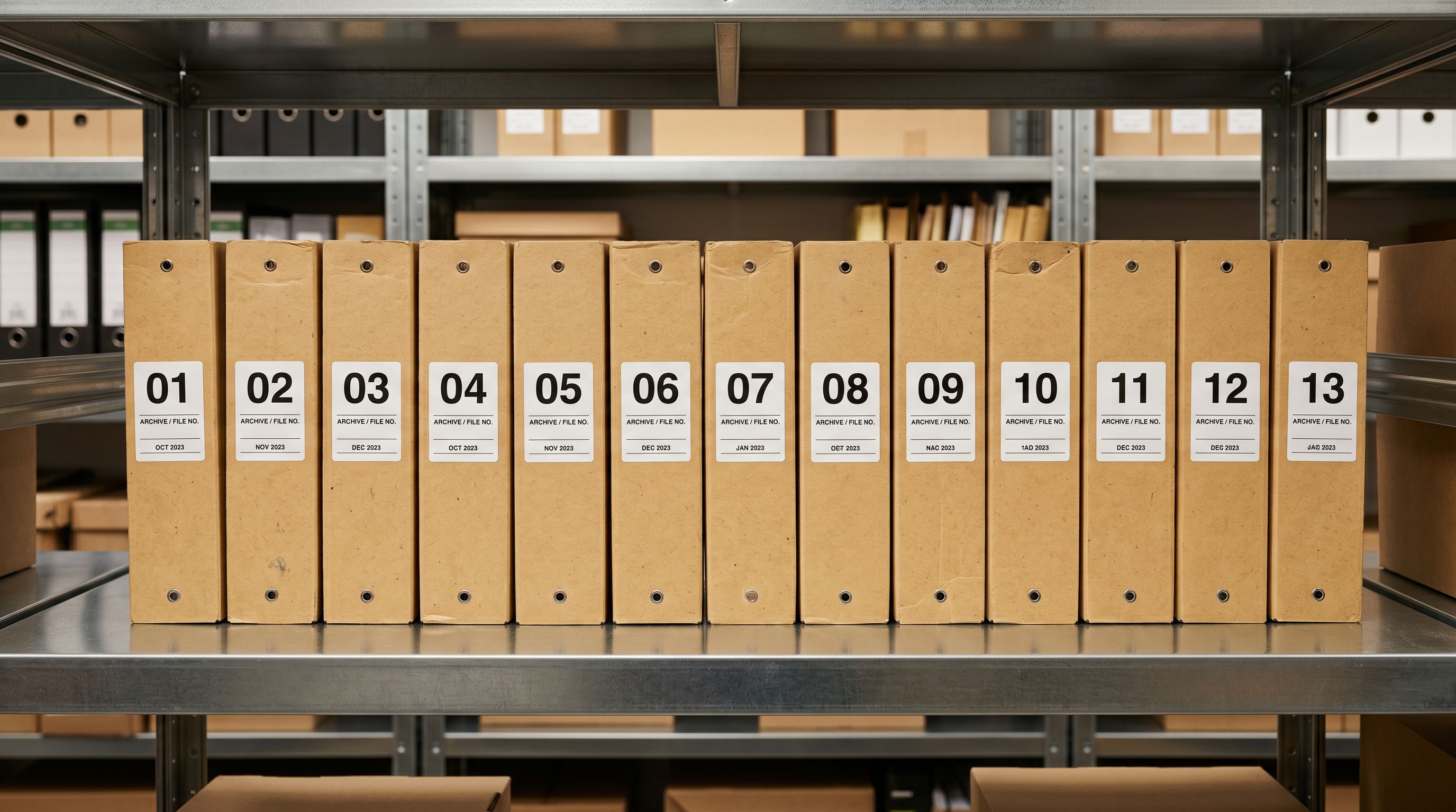 Numbered archive envelopes on a metal shelf representing import history records and audit trail.
