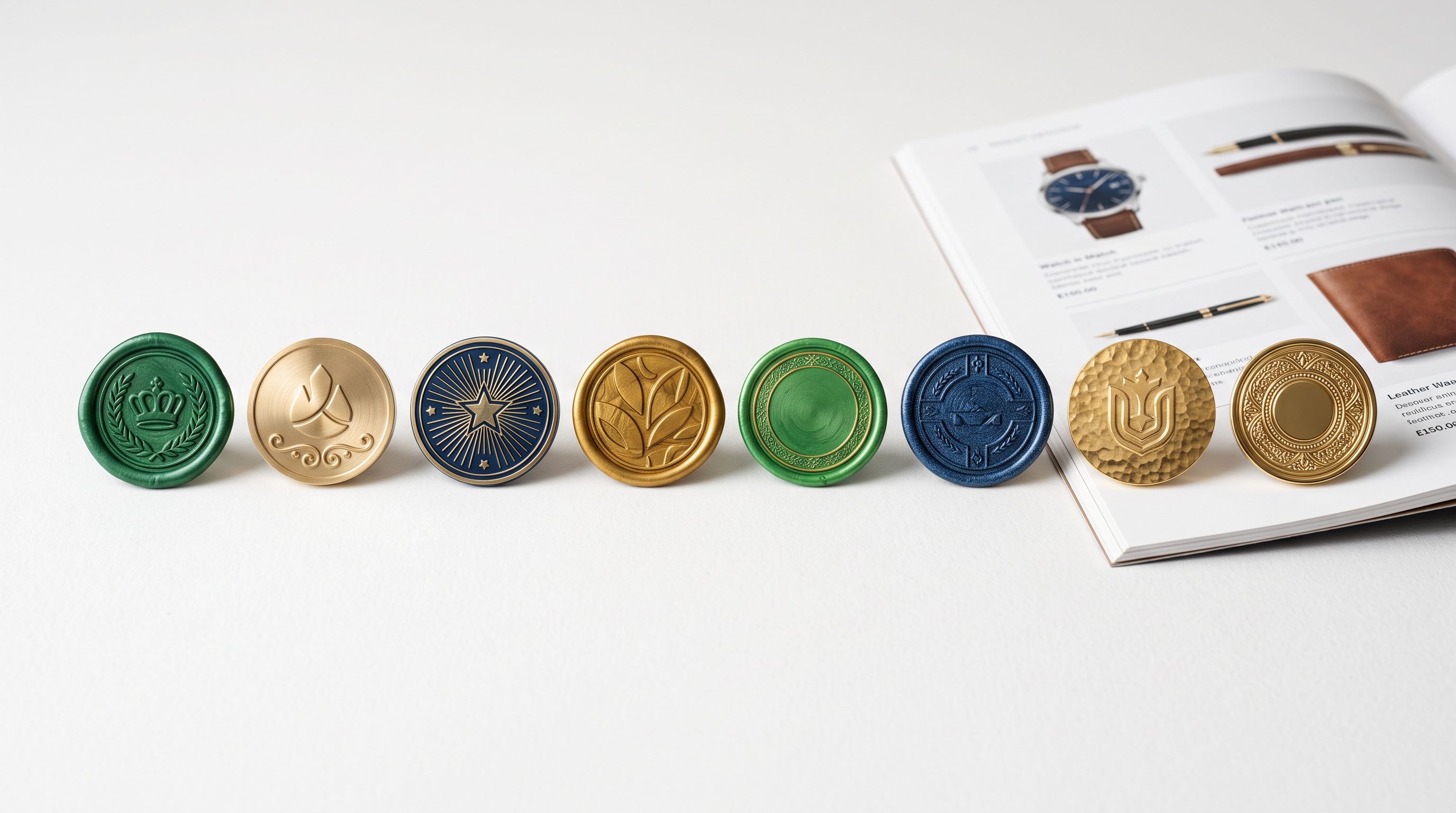 A row of certification badges and quality approval stamps arranged on a clean white desk beside a printed product catalogue, representing the trust signals that convert browsers into buyers on product pages.