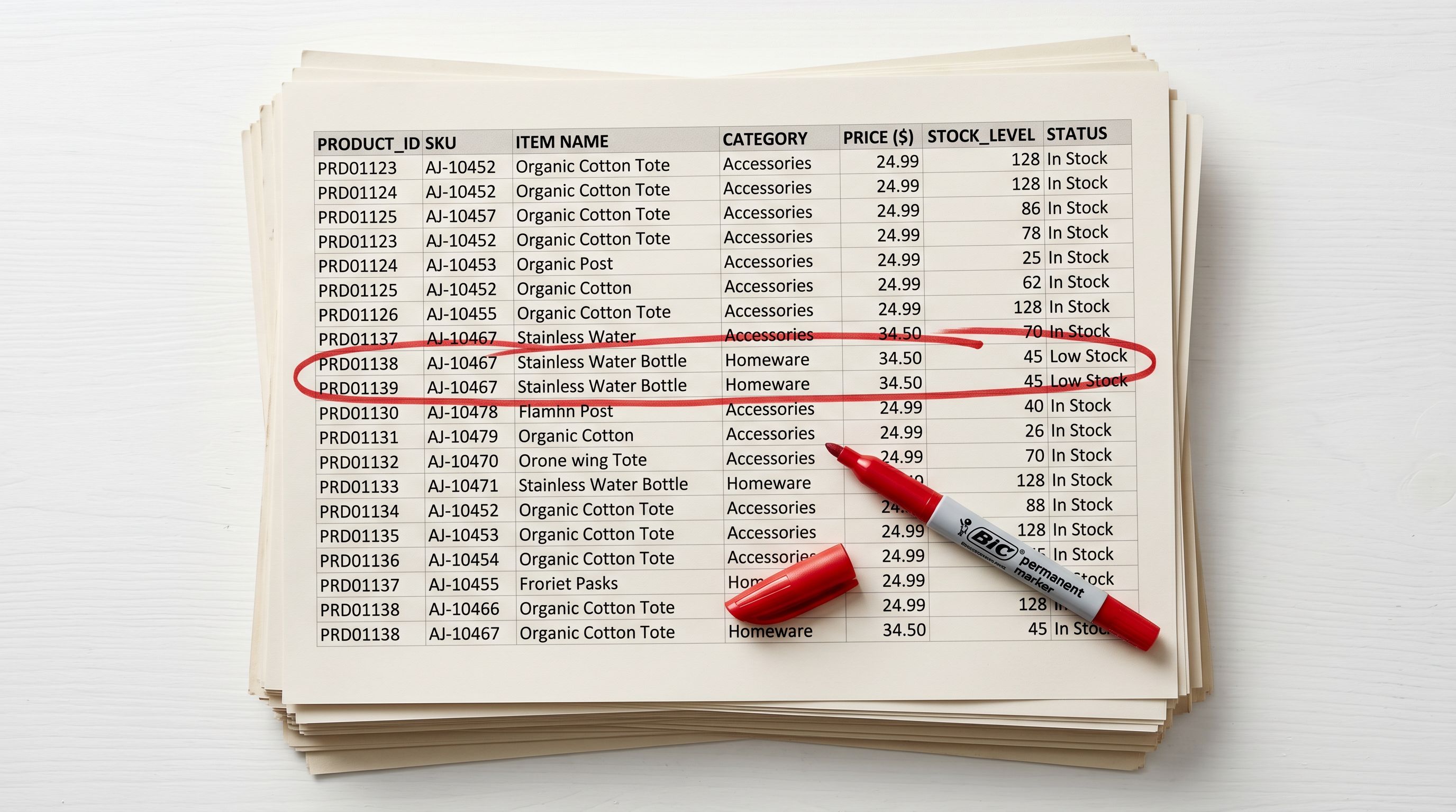 Printed spreadsheet pages with one row circled in red marker, representing a specific product data entry.