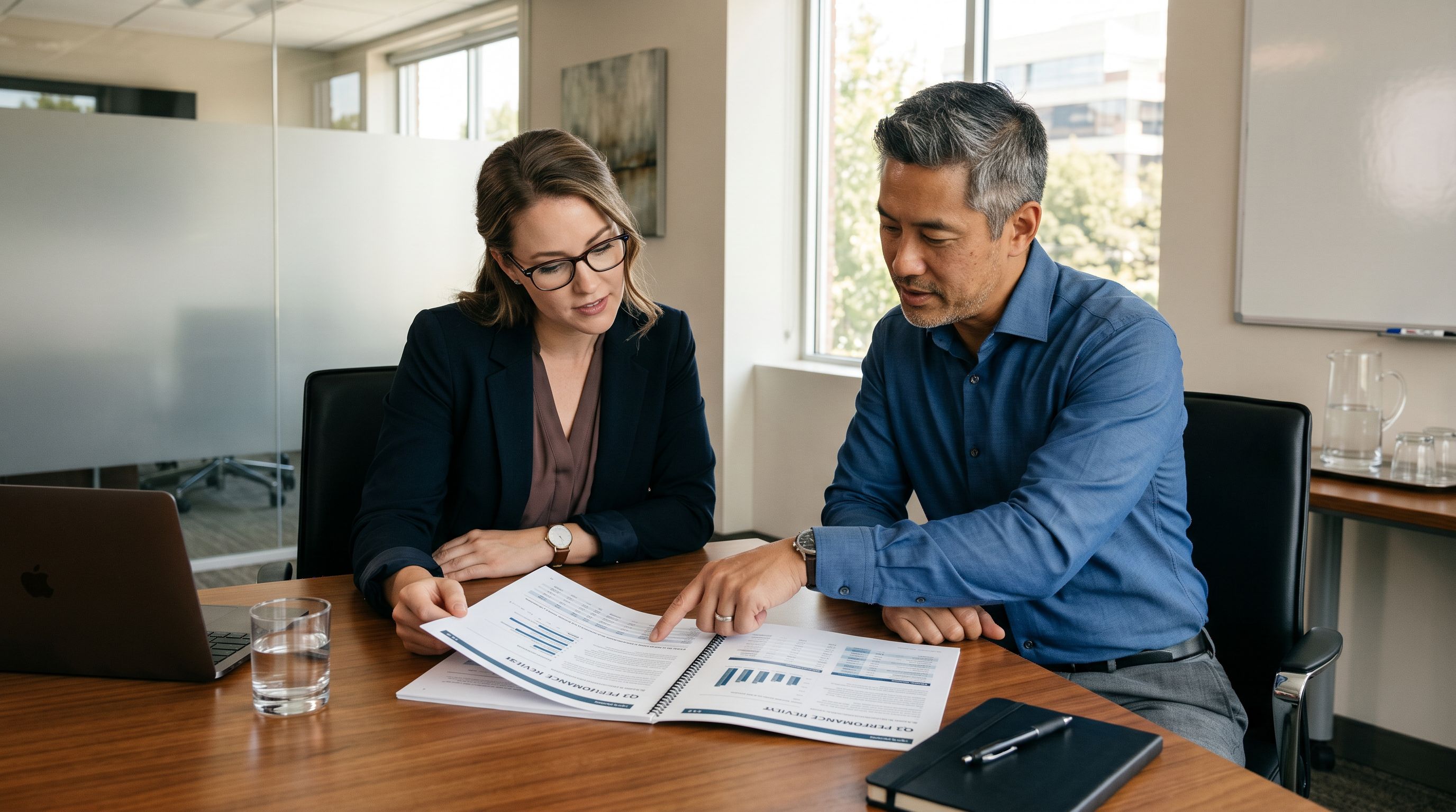 Two people at a conference table reviewing a printed report, one pointing to a line on the page.