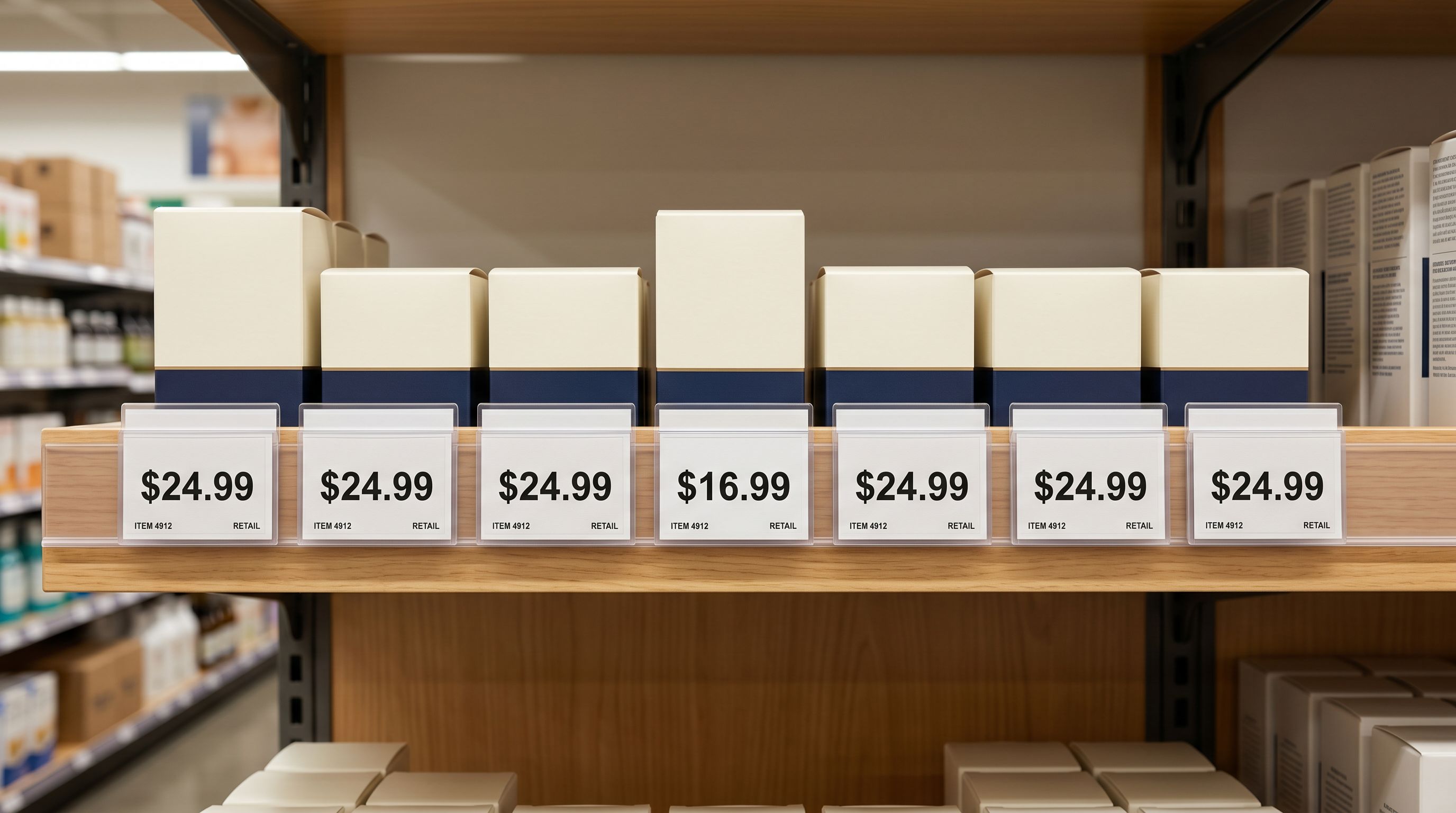 A row of retail price tags on a shelf edge, one tag showing a different price from the others.