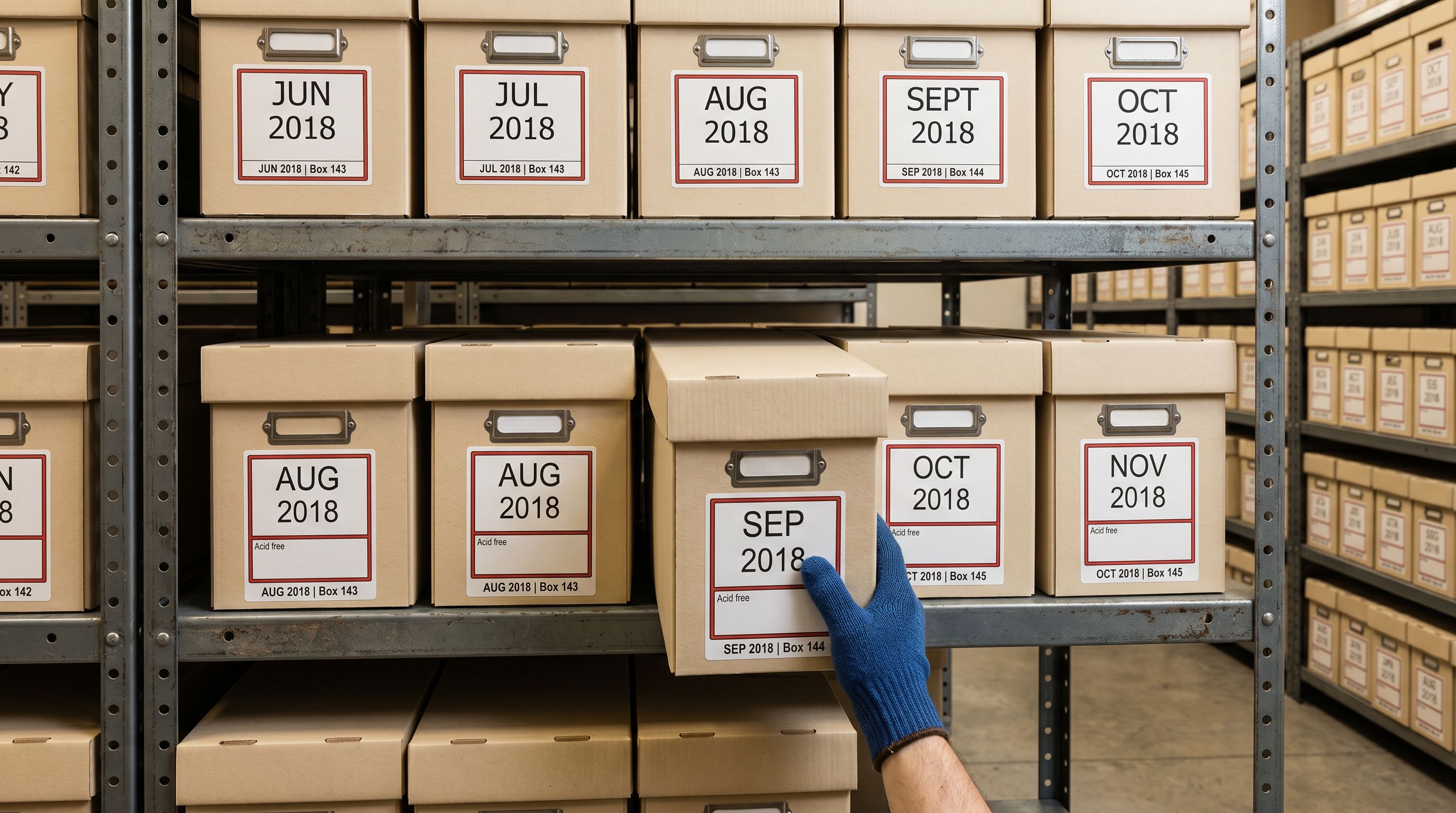 Neatly labelled archival storage boxes on industrial shelving, one box pulled forward from the row.