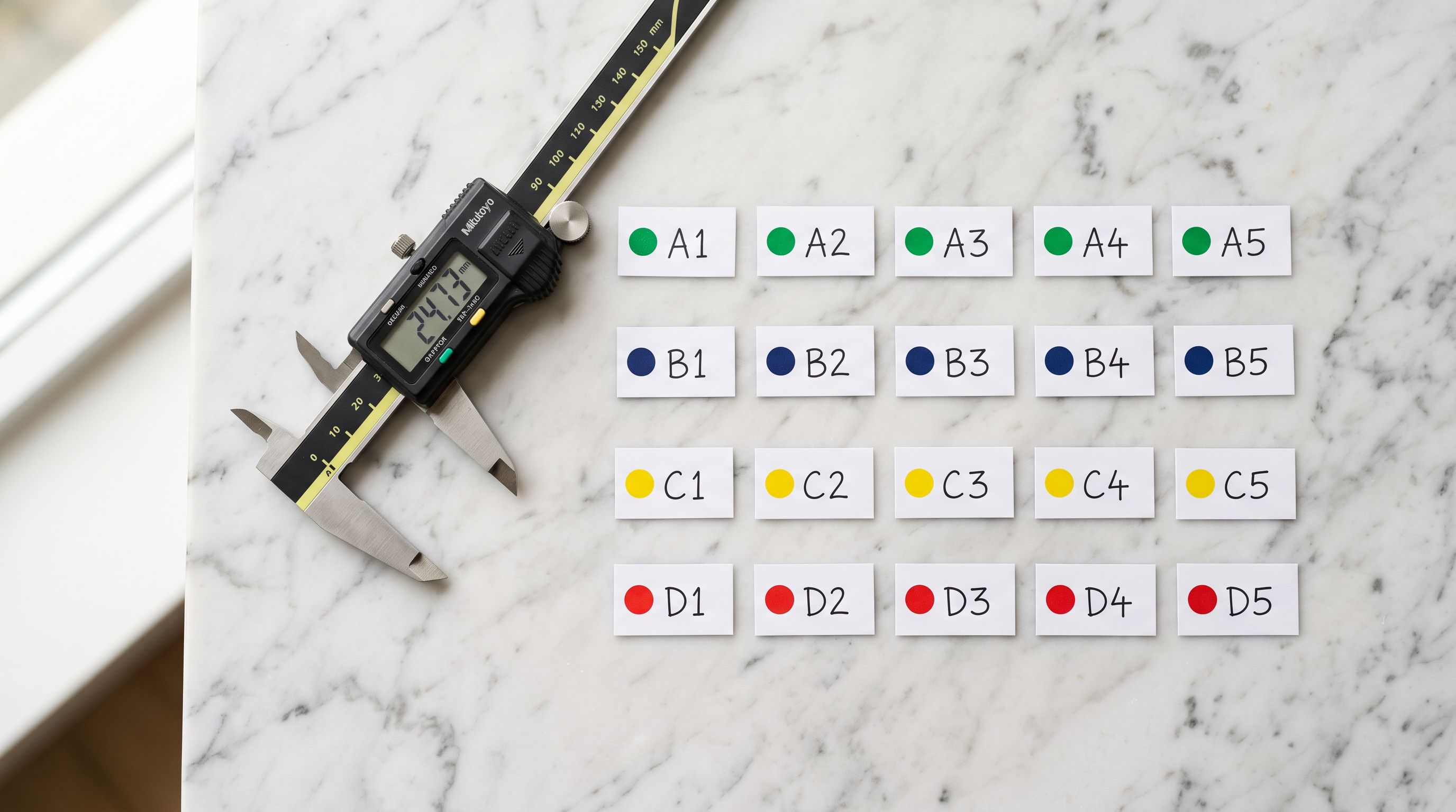 Digital caliper beside labelled classification tags arranged on a clean white surface.