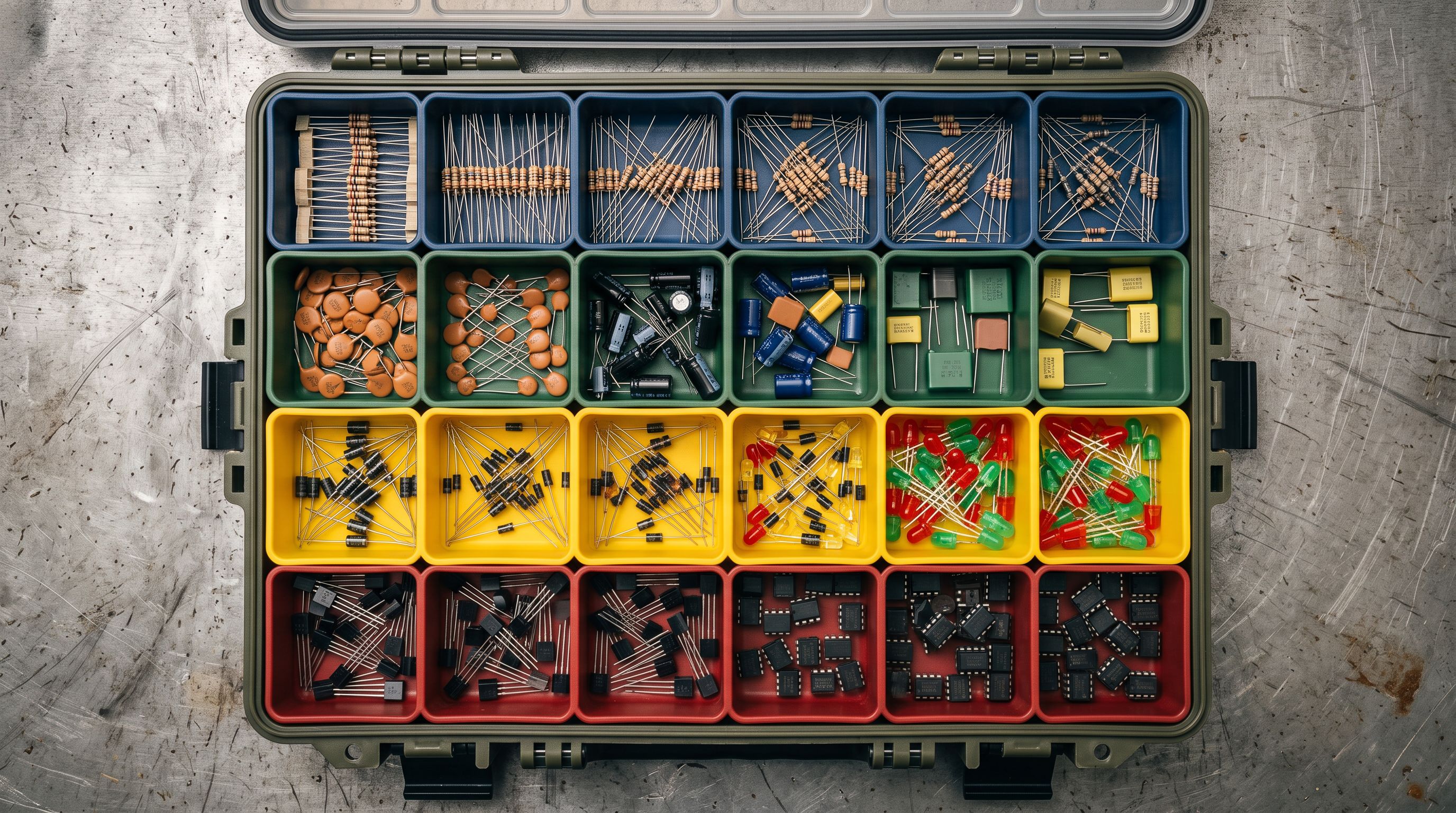 Electronics components sorted in colour-coded compartments of an overhead-view organiser tray.