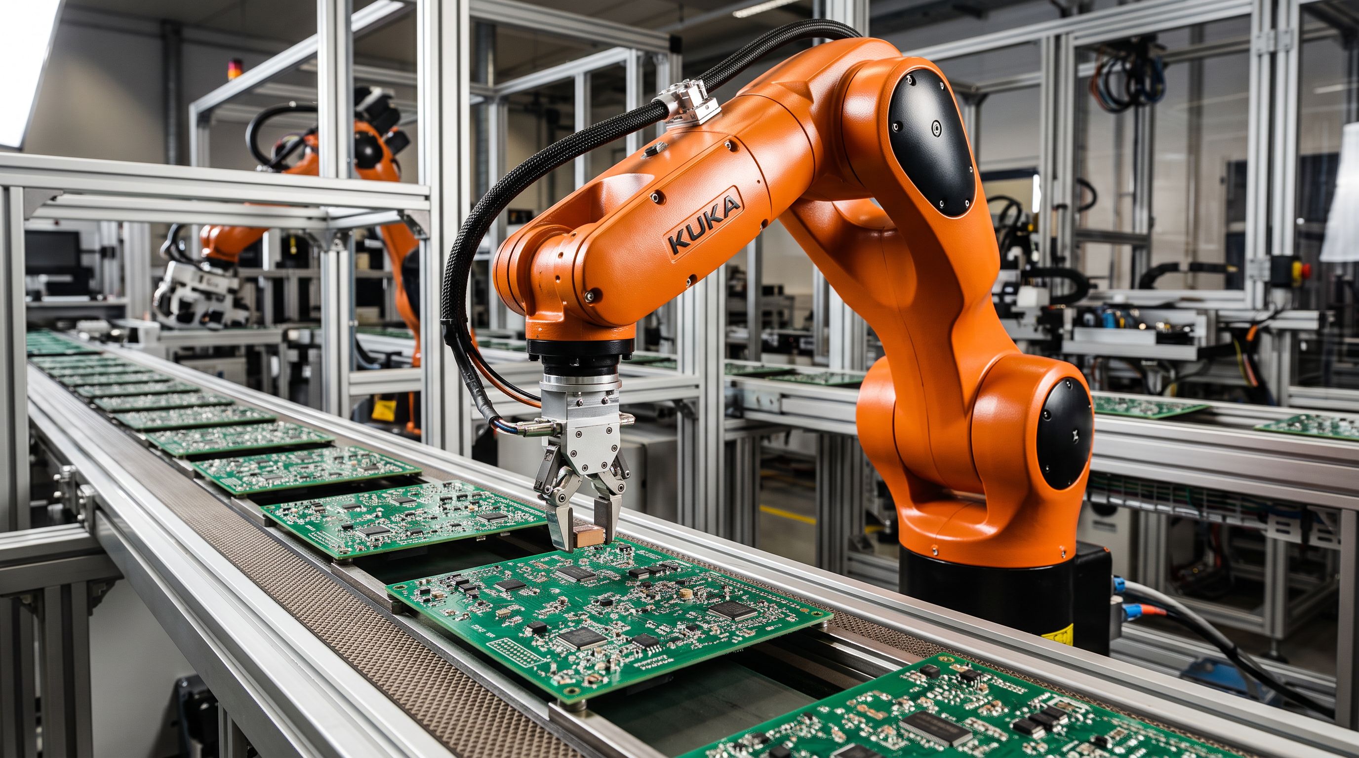 Precision robotic arm placing electronic components on an assembly line with exact accuracy.