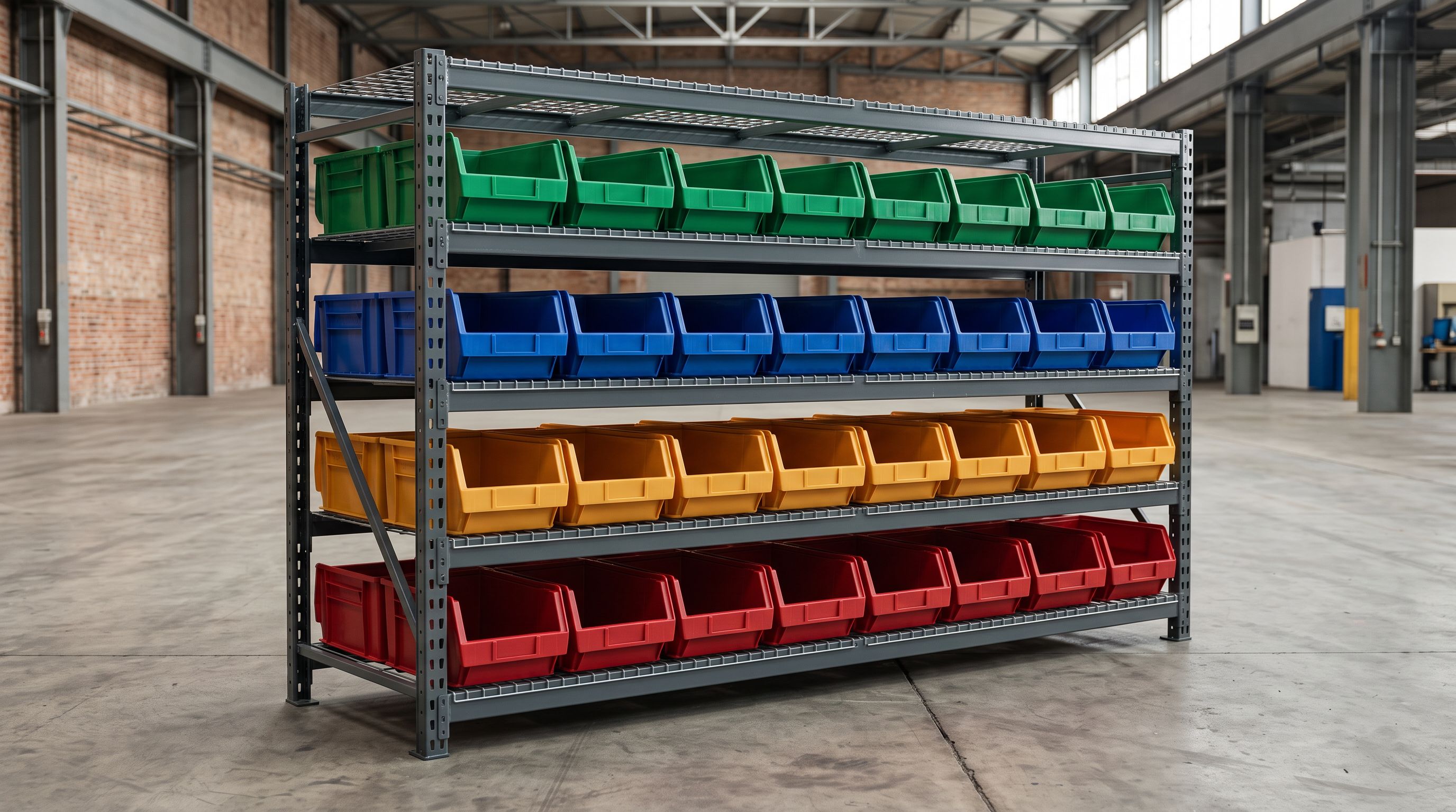 Row of colour-coded sorting bins representing distinct quality tiers in a clean warehouse.